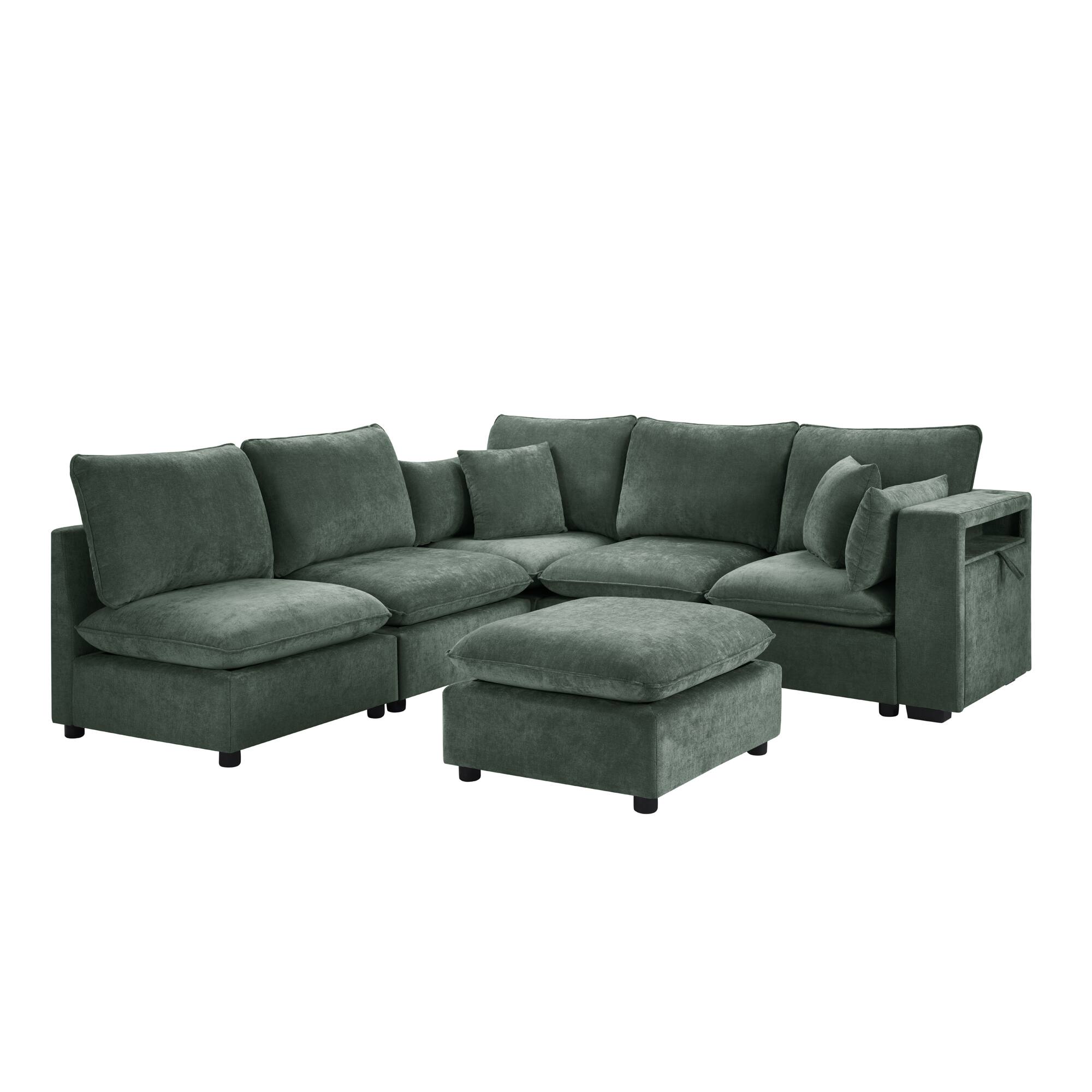 Alt View 1. Whisen - Modular Sectional Sofa U-Shaped Couch with Ottoman, Storage Armrests and USB Ports - Green.