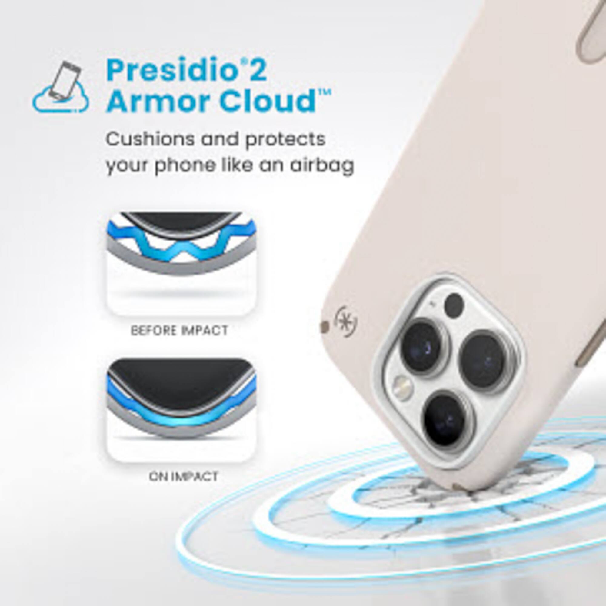 Presidio 2 Armor Cloud: Cushions and protects your phone like an airbag. Before impact. On impact.