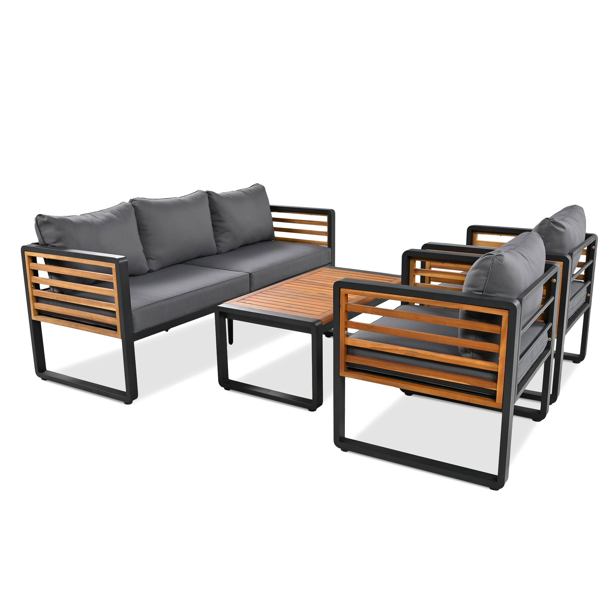 Alt View 1. Whisen - 4-Piece Acacia Wood & Metal Patio Conversation Sofa Set for 5, with 4-Inch Thick Removable Cushions - Gray.