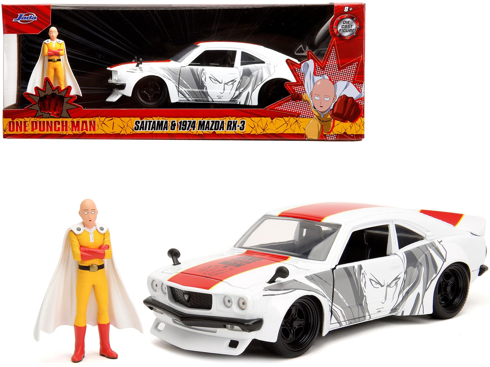 "1974 Mazda RX-3 White w/Red Stripe and Graphics & Saitama Figure ""One Punch Man"" (2015-2019) TV 1/24 Model Car by Jada" price history on PriceWatchPro