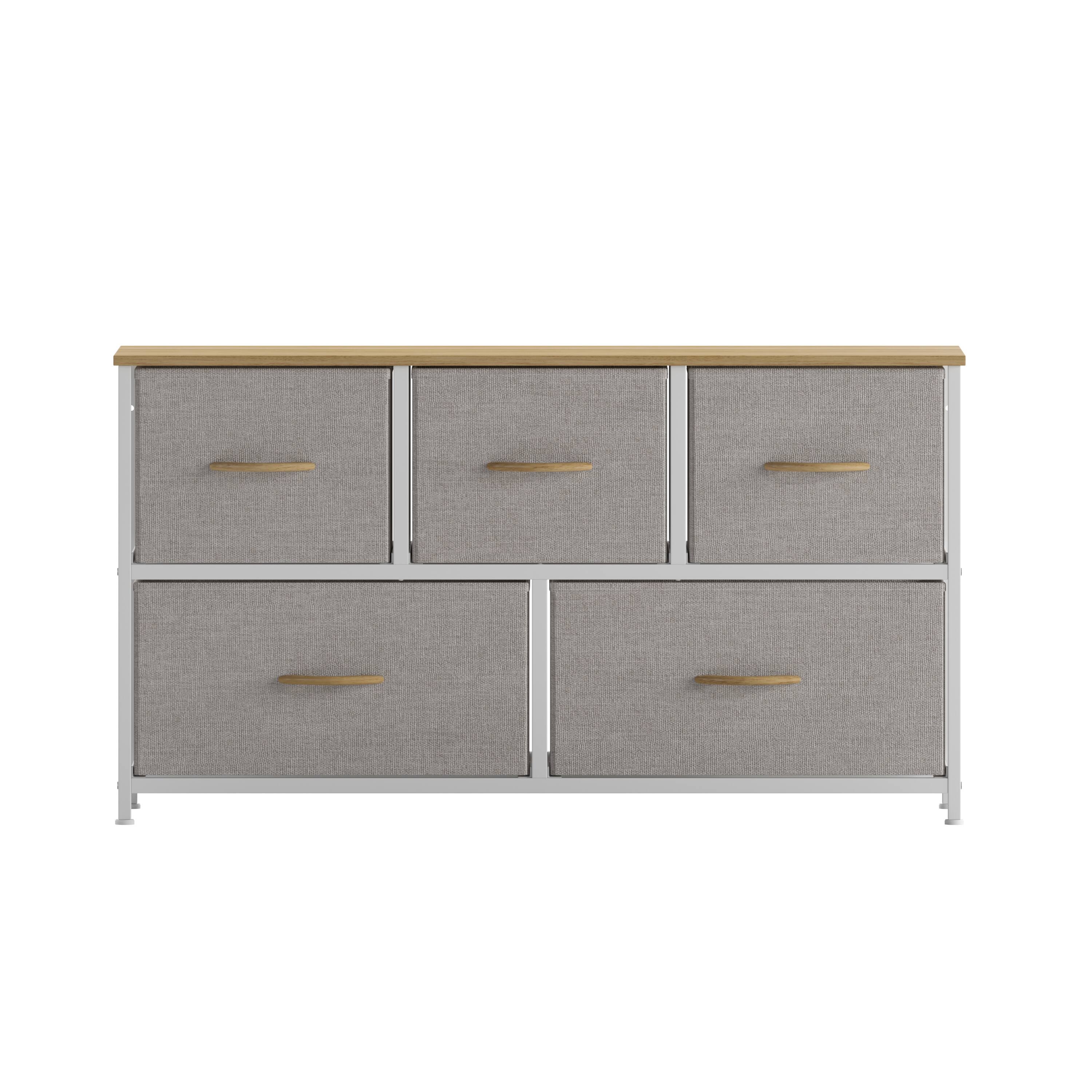 Alt View 9. Emma + Oliver - Marley 5 Drawer Storage Dresser with Cast Iron Frame, Wood Top and Easy Pull Fabric Drawers with Wooden Handles - Beige Drawers/White Frame.