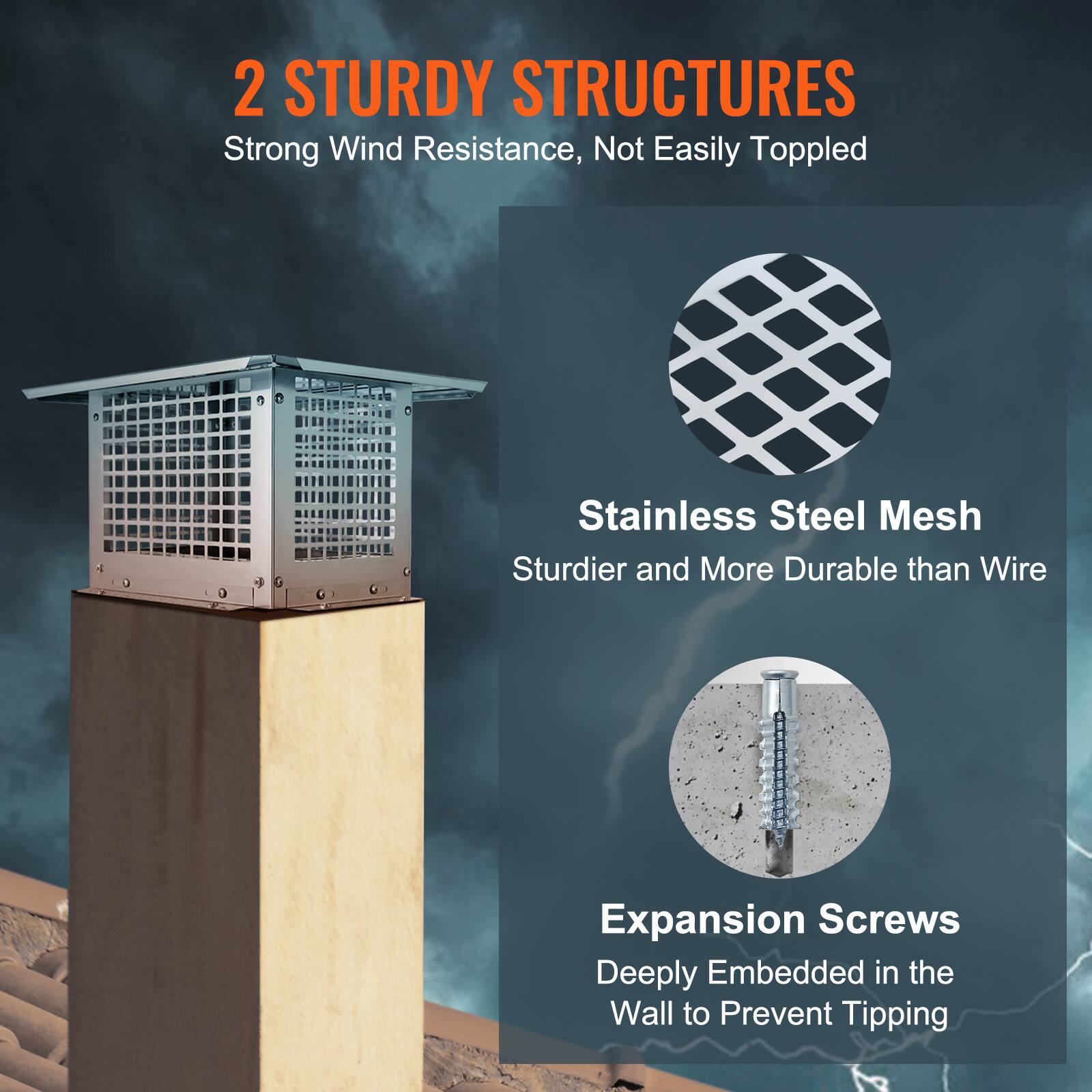 2 STURDY STRUCTURES  
Strong Wind Resistance, Not Easily Topped  

Stainless Steel Mesh  
Sturdier and More Durable than Wire  

Expansion Screws  
Deeply Embedded in the Wall to Prevent Tipping