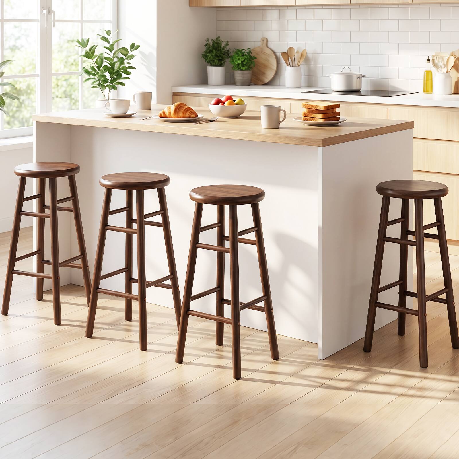 Alt View 3. Gymax - Gymax 29'' Swivel Bar Stools Set of 4 w/Backless Design Footrests & Strong Crossbars Walnut - Brown.