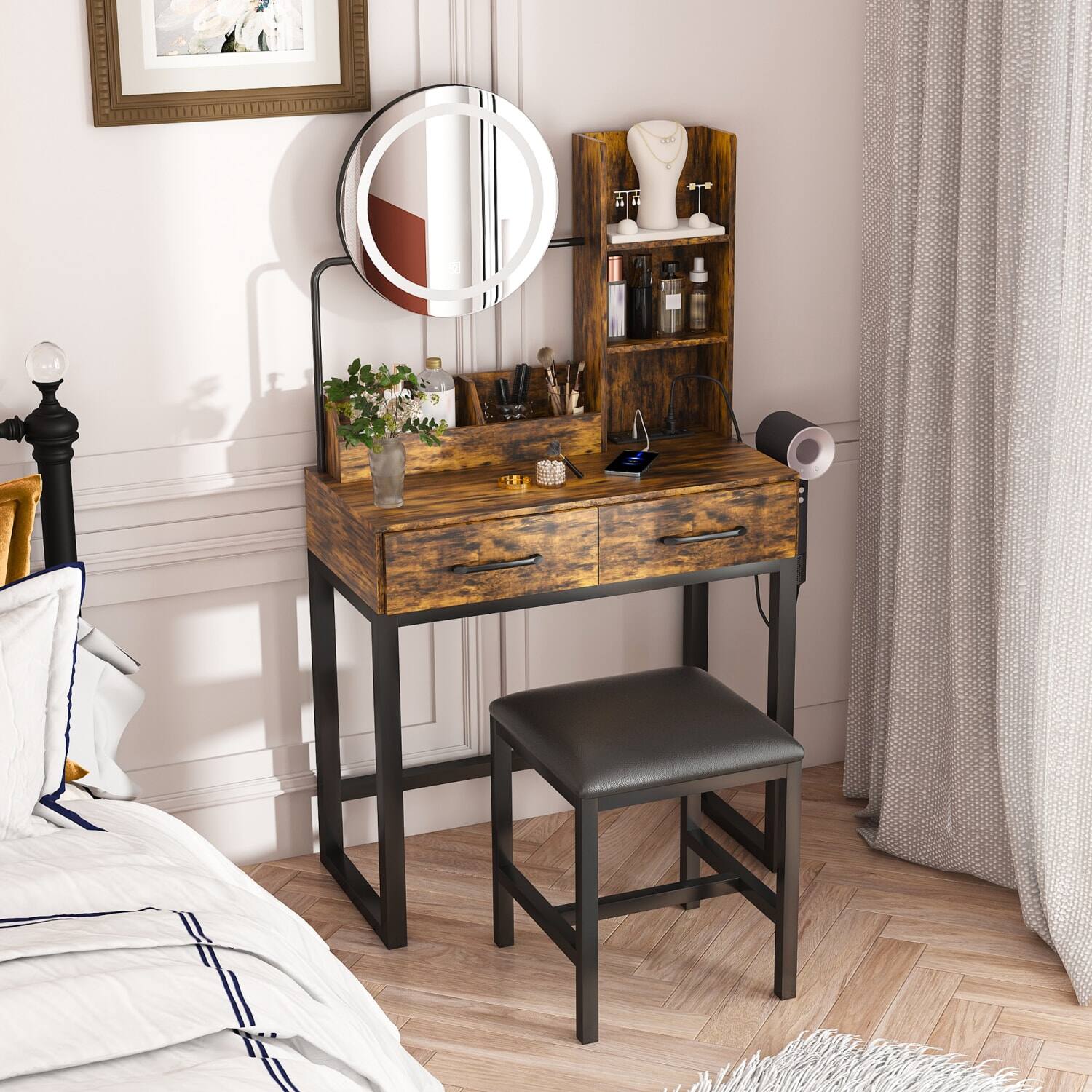 Angle. Lirago - Brown LED Makeup Vanity Table with 3 Light Mirror Power Outlet 2 Drawers Stool  Dressing Table Desk for Bedroom - Brown.