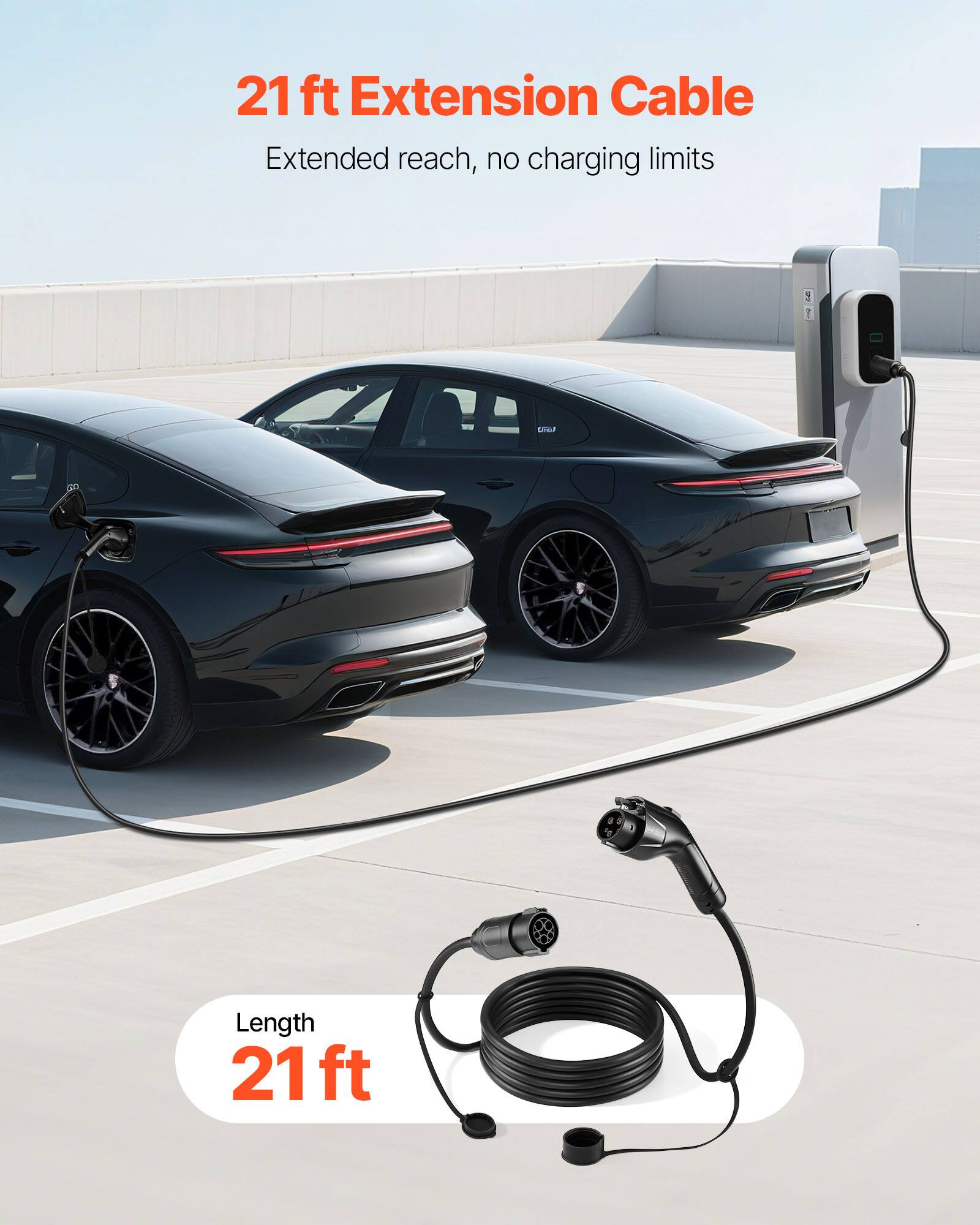 21 ft Extension Cable  
Extended reach, no charging limits  

Length: 21 ft