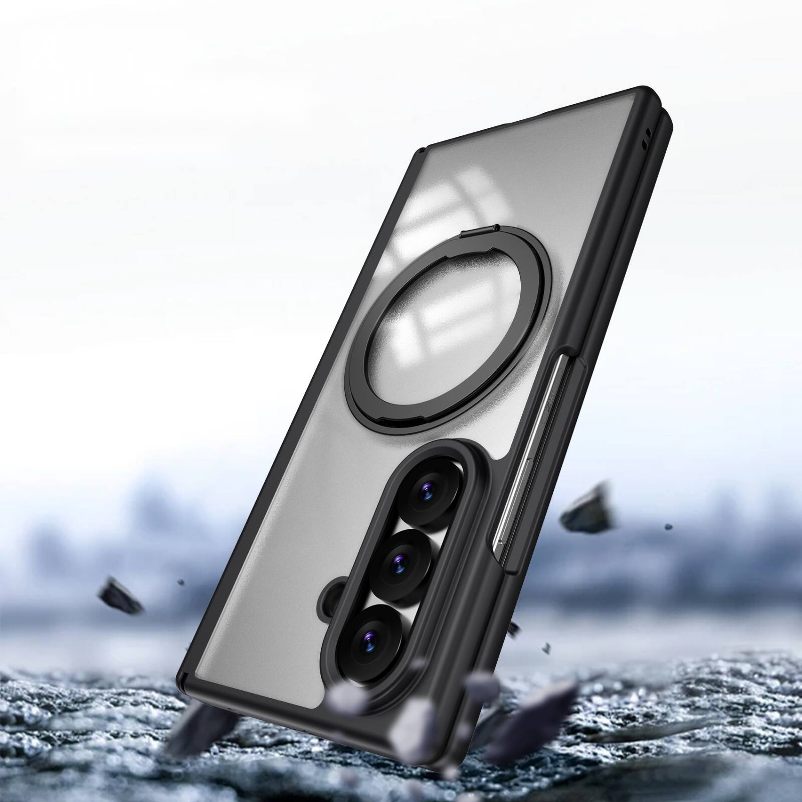 Angle. Dteck - Shockproof Phone Case for Samsung Galaxy Z Fold8 Ultra with 360 Kickstand, Magnetic Matte Cover with Spine Hinge Defense - Black.
