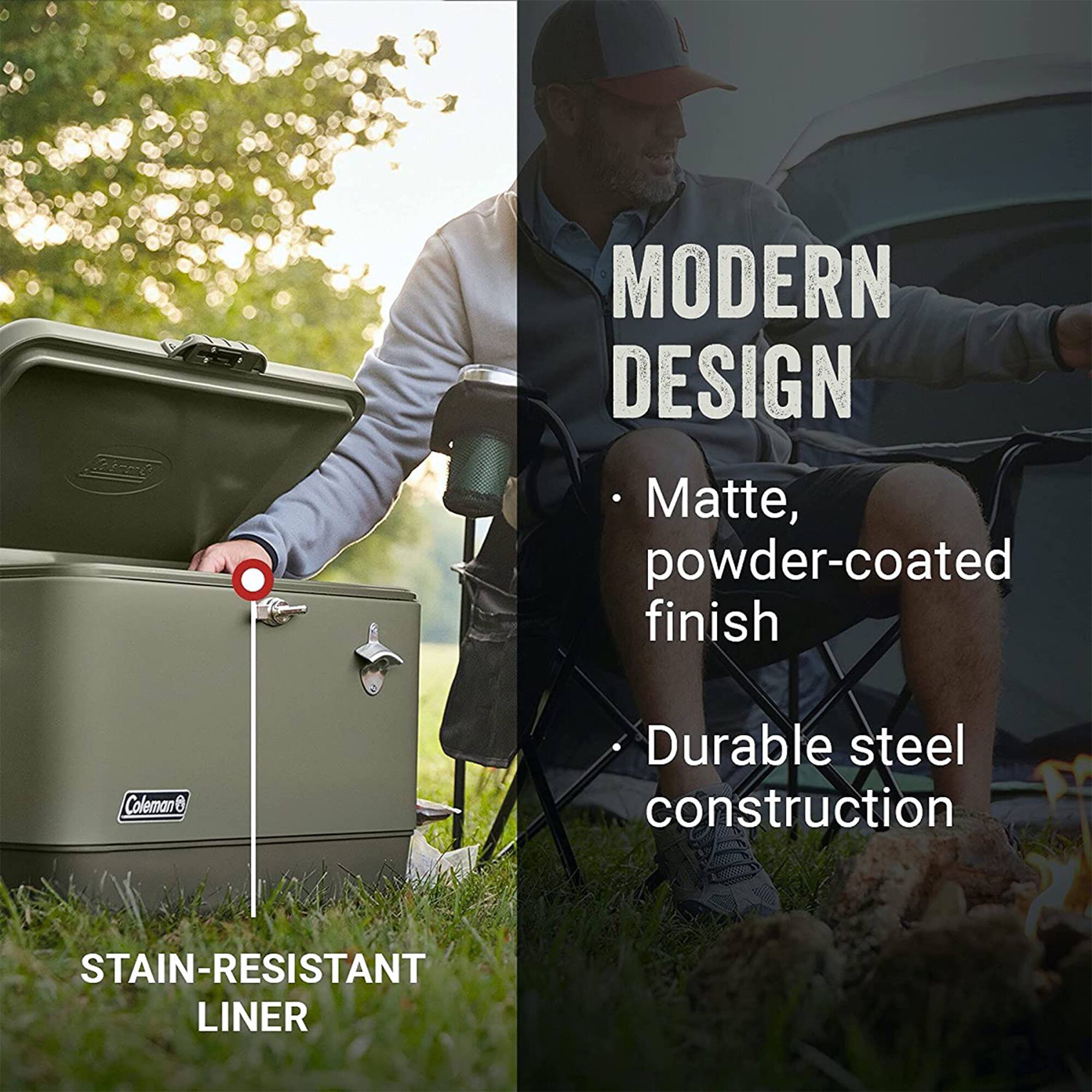 MODERN DESIGN  
- Matte, powder-coated finish  
- Durable steel construction  

STAIN-RESISTANT LINER