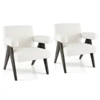 Costway - 2 PCS Upholstered Armchair Modern  Accent Chair with Natural Rubber Wood Legs - White - Front_Zoom