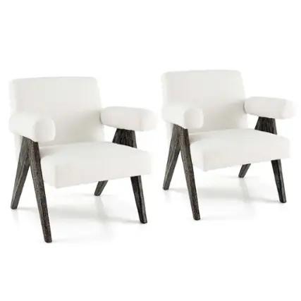 Front. Costway - 2 PCS Upholstered Armchair Modern  Accent Chair with Natural Rubber Wood Legs - White.