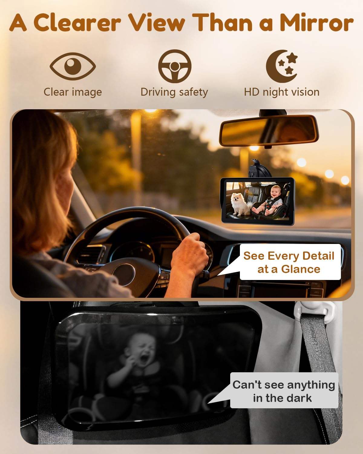 A Clearer View Than a Mirror

- Clear image
- Driving safety
- HD night vision

See Every Detail at a Glance

Can't see anything in the dark