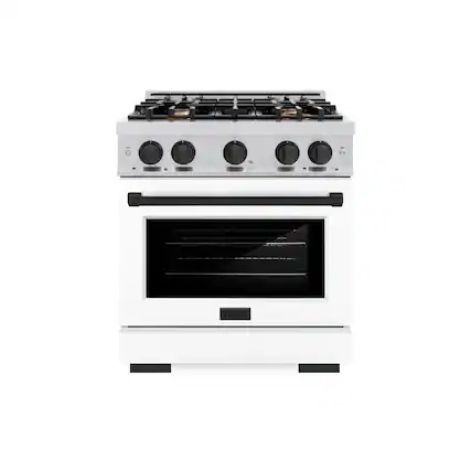 Front. ZLINE - ZLINE Autograph 30" Freestanding Select Gas Range w/ 4 Burners & White Door w/ Black Accents (HGRZ-WM-30-MB) - Stainless Steel.