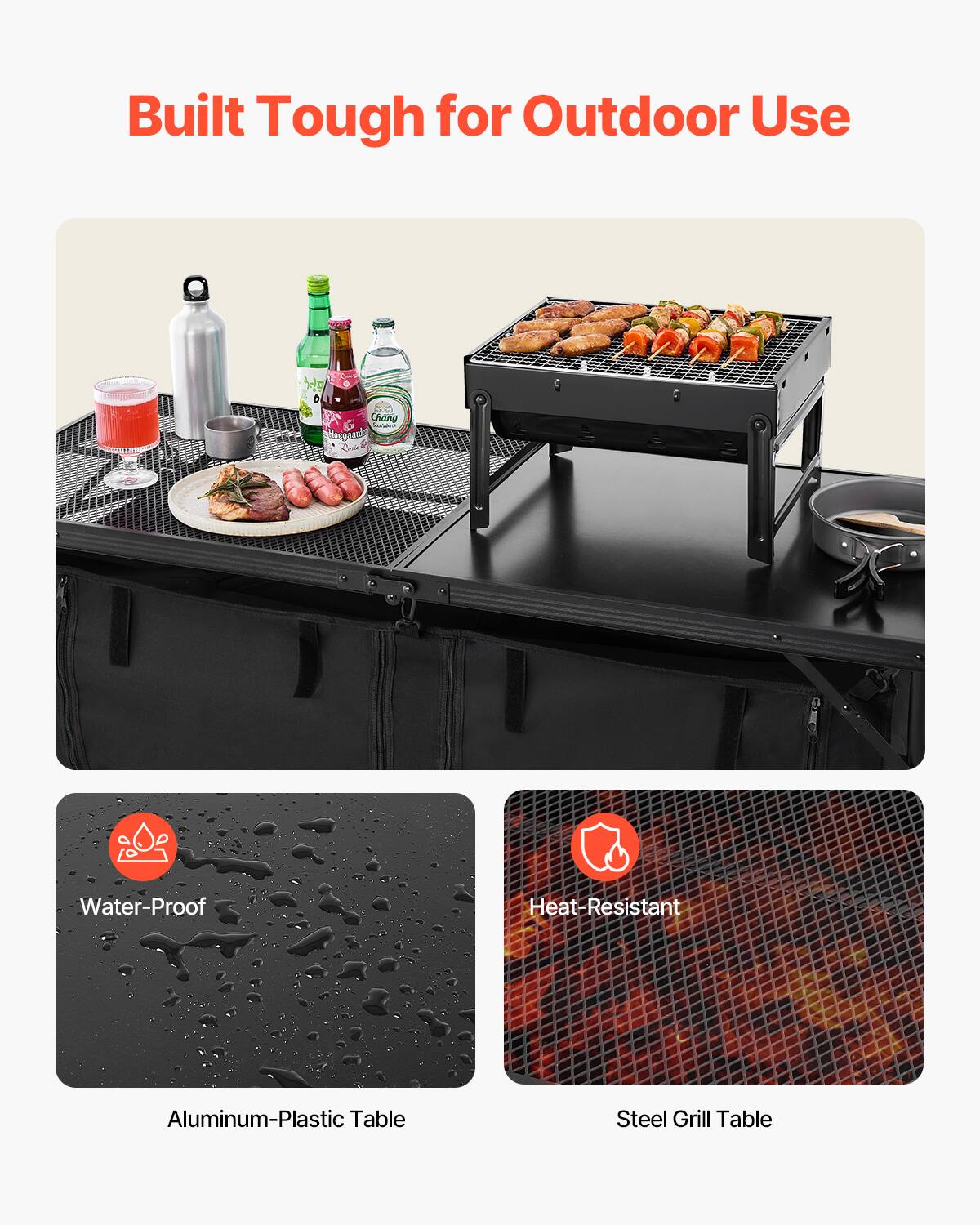 Built Tough for Outdoor Use

Water-Proof
Aluminum-Plastic Table

Heat-Resistant
Steel Grill Table