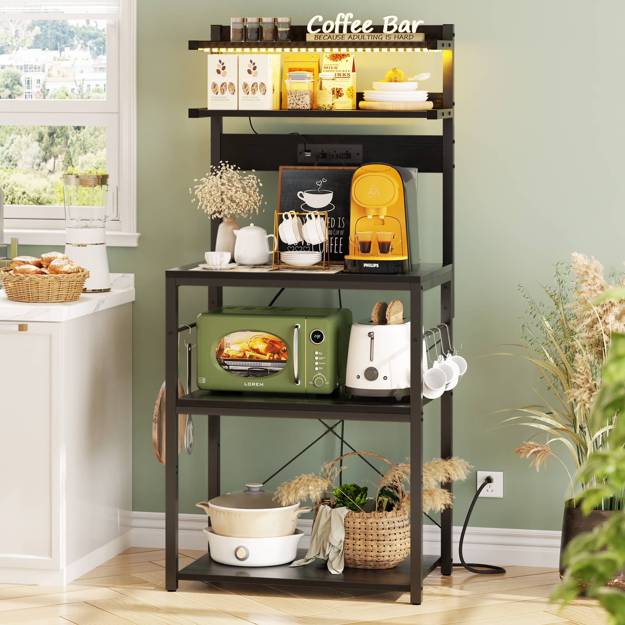 Aheaplus - 5-Tier Kitchen Baker's Rack with Power Outlets, LED Lights & 6 Hooks for Kitchen/Dining - Black