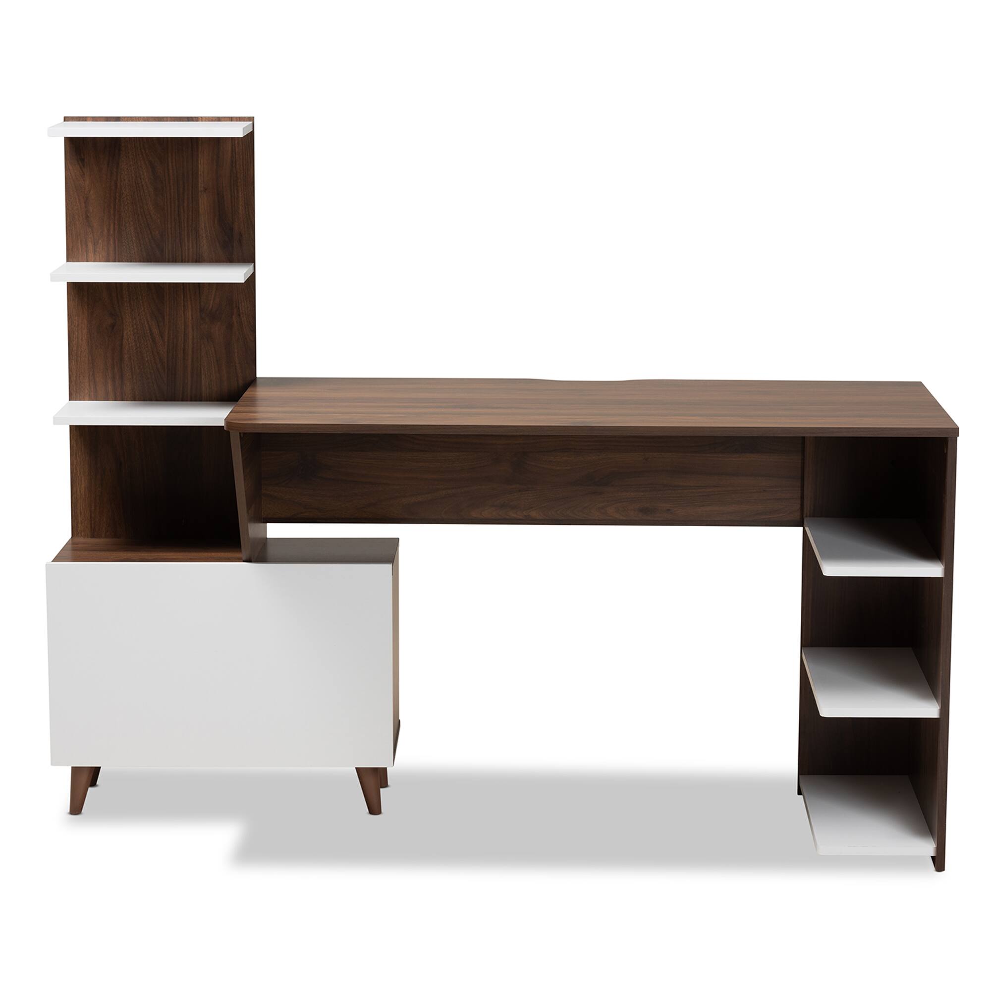 Left. Baxton Studio - Tobias Mid-Century Modern Finished Wood Storage Computer Desk with Shelves - White/Walnut Brown.