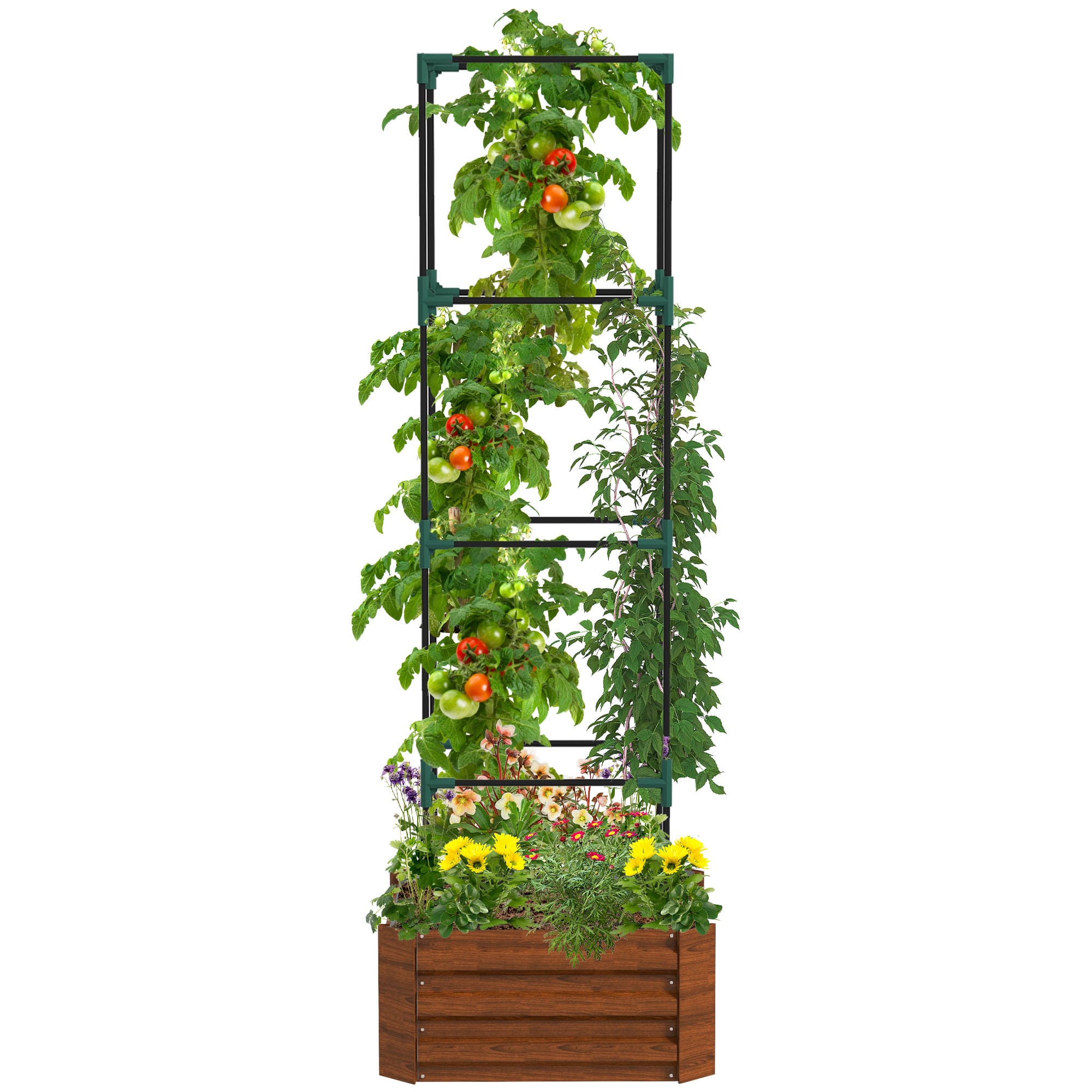 "Outsunny - Galvanized Raised Garden Bed, 73.5"" Outdoor Planter Box with Trellis Tomato Cage and Open Bottom for Climbing Vines - Brown" price history on PriceWatchPro