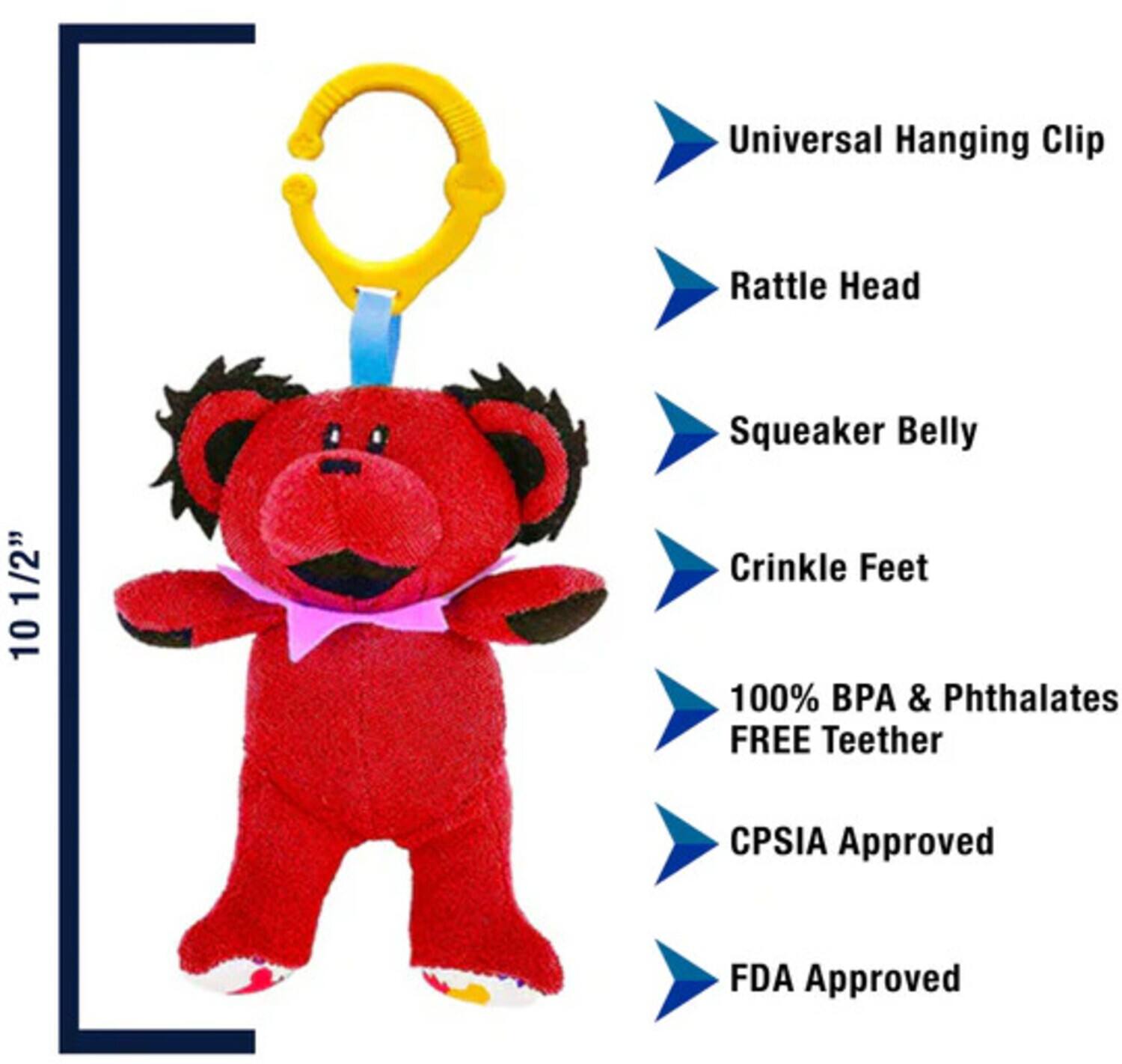 Universal Hanging Clip  
Rattle Head  
Squeaker Belly  
1/2"  
10 Crinkle Feet  
100% BPA & Phthalates FREE Teether  
CPSIA Approved  
FDA Approved