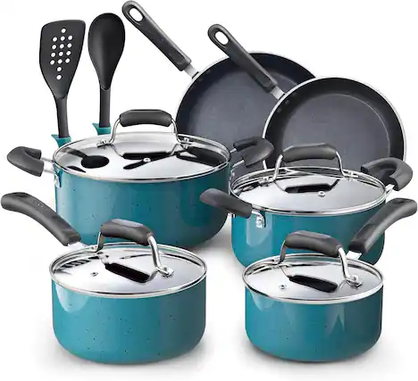 Front. Cook N Home - Cook N Home Nonstick Cookware Set 12-Piece, Frying Pans and Saucepans, Induction Compatible, Turquoise - turquoise.