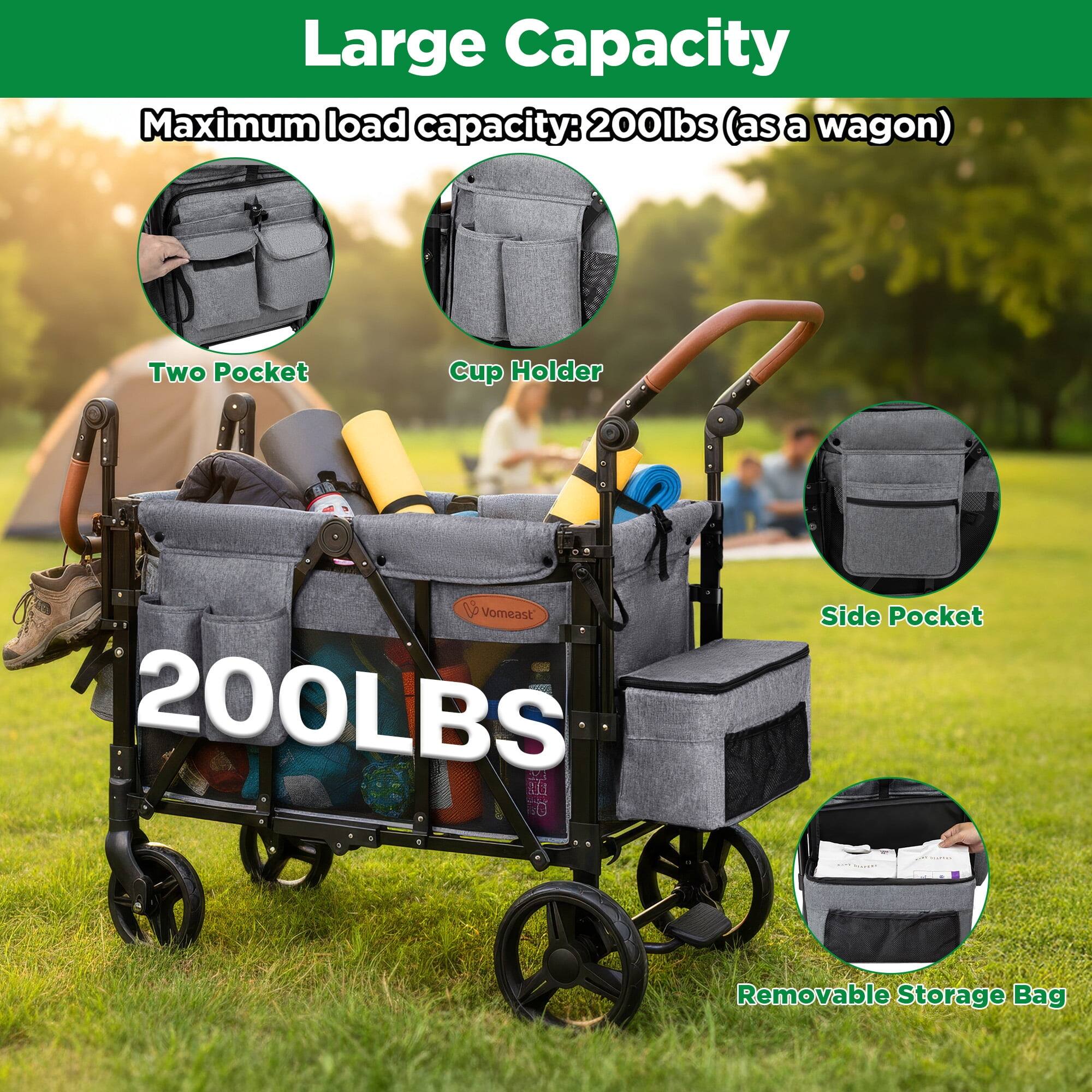Large Capacity  
Maximum load capacity: 200lbs (as a wagon)  

- Two Pocket  
- Cup Holder  
- Side Pocket  
- Removable Storage Bag
