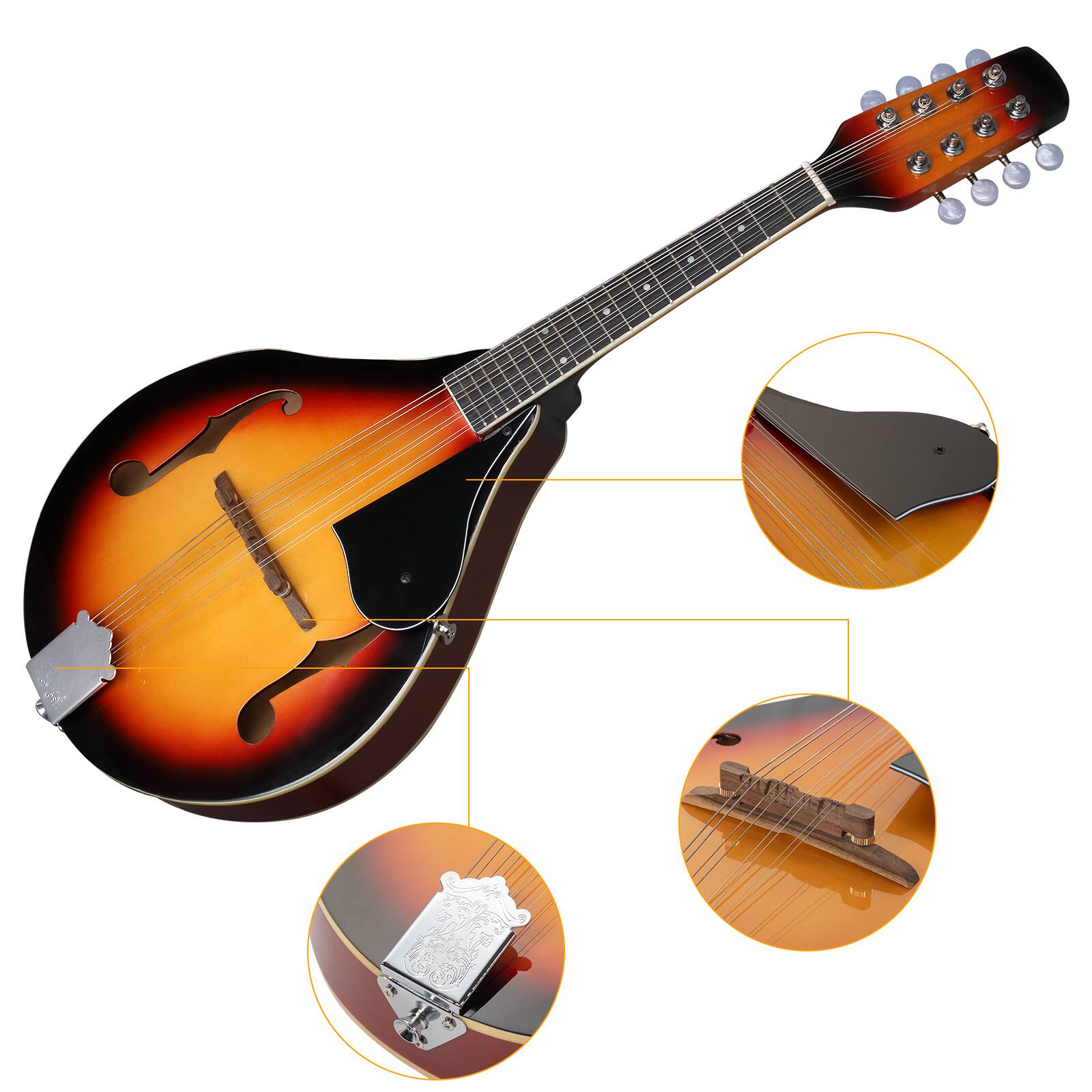 Alt View 1. Winado - A-Style Mandolin, 8 Strings Acoustic Mahogany Wood, Sunburst Thickened Gig Bag, Shoulder Strap, Picks Included.