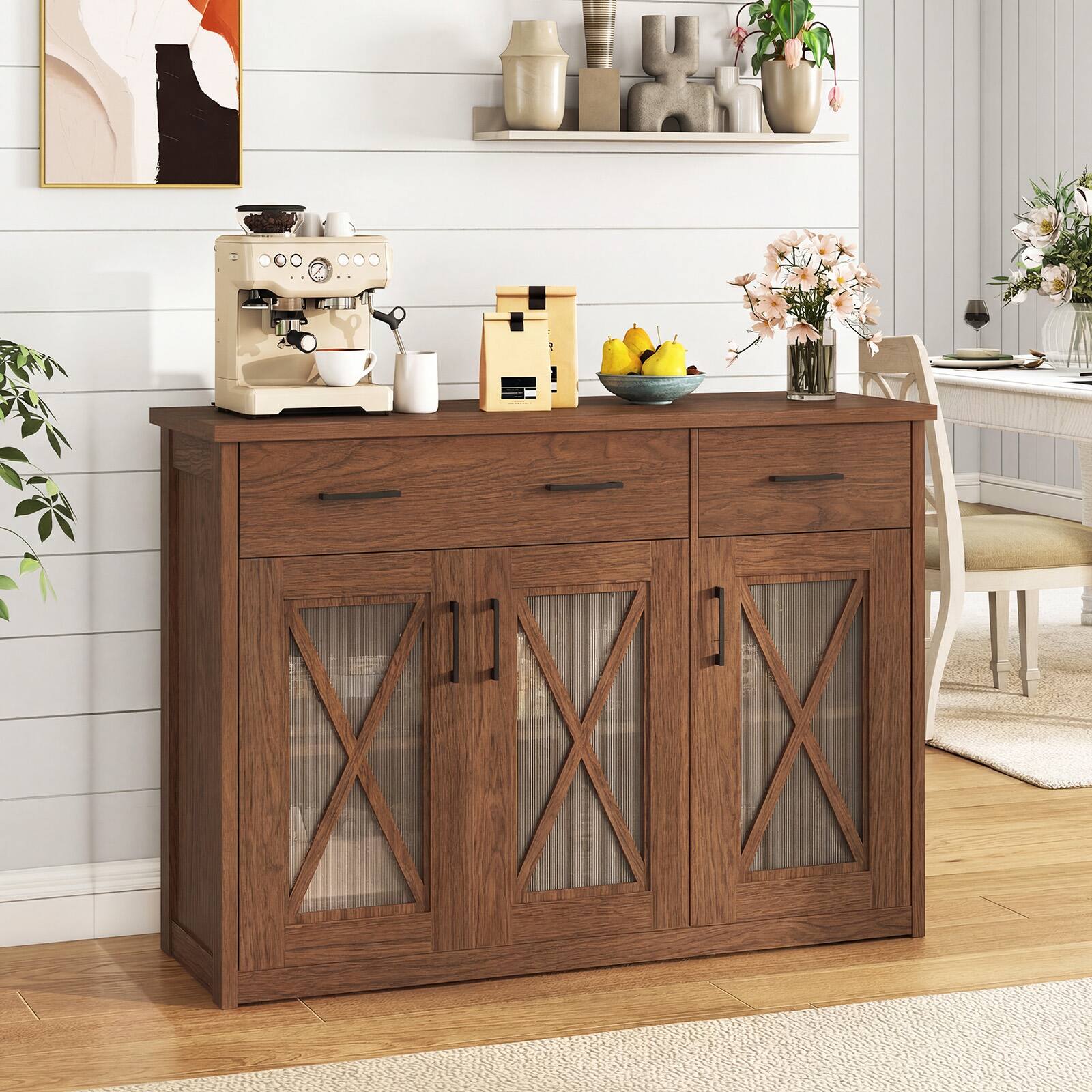 Alt View 3. Costway - Costway Farmhouse Buffet Sideboard with 2 Drawers Fluted Barn Doors for Kitchen Dining Room - Brown.