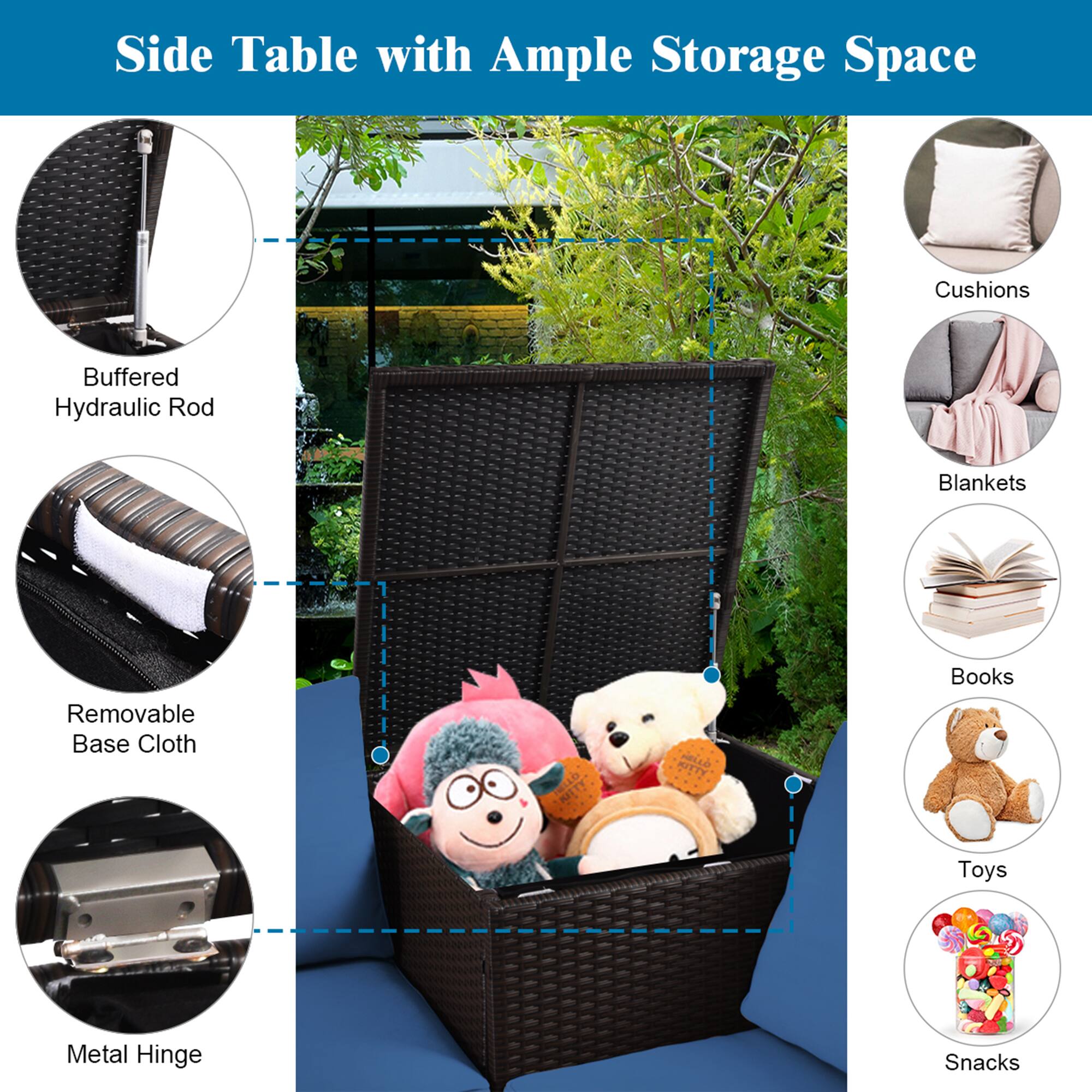 Side Table with Ample Storage Space

- Buffered Hydraulic Rod
- Removable Base Cloth
- Metal Hinge

- Cushions
- Blankets
- Books
- Toys
- Snacks