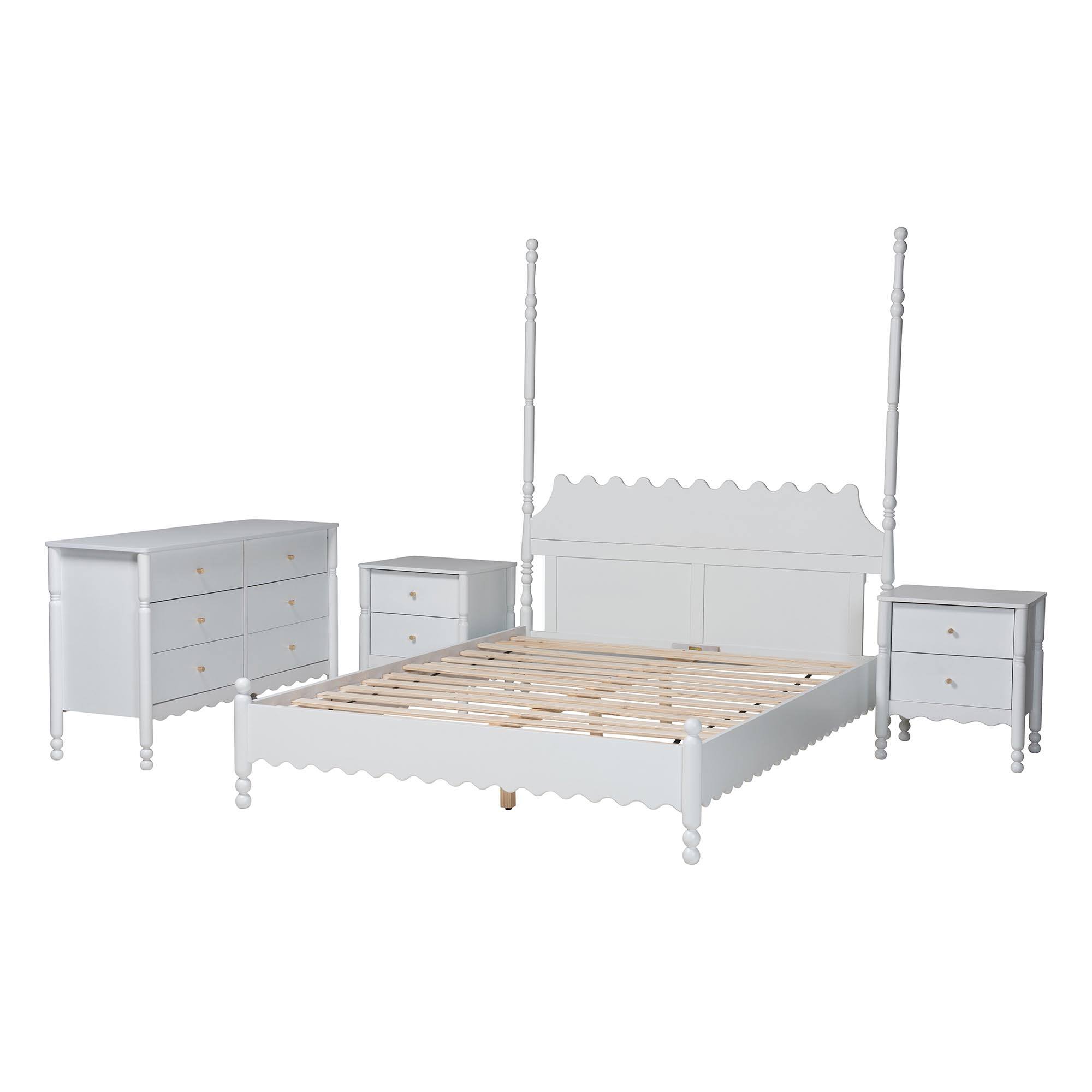 Angle. Baxton Studio - Hoffman 4-Piece Scalloped Bedroom Set - Farmhouse Bed Frame with Matching Dresser and 2-Drawer Nightstands, Queen - White.