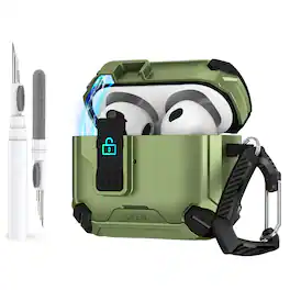 Dteck - For Airpods Pro 3rd Gen (2025) Rugged Secure Lock Shockproof Case With Keychain+Clean Pen - Darkgreen