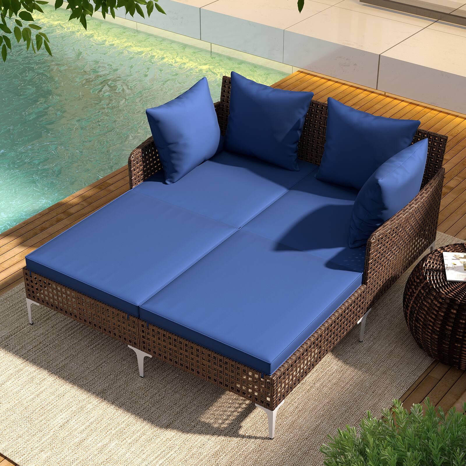 Angle. SlickBlue - Rattan Double Daybed with Wicker Frame, Perfect for Outdoor Lounging - Navy.