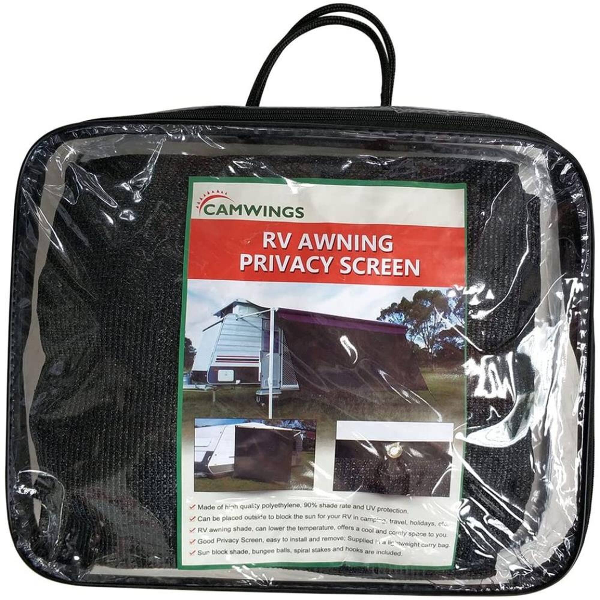 CAMWINGS RV AWNING PRIVACY SCREEN

Made of high-quality polyethylene, 90% shade rate, and UV protection. Can be placed outside to block the sun for your RV in camping, travel, and holidays. The RV awning shade can lower the temperature, offering a cool and cozy space to you. Privacy Screen is easy to install and remove. Supplied with a lightweight carry bag, bungee balls, spiral stakes, and hooks. Sun block shade is included.