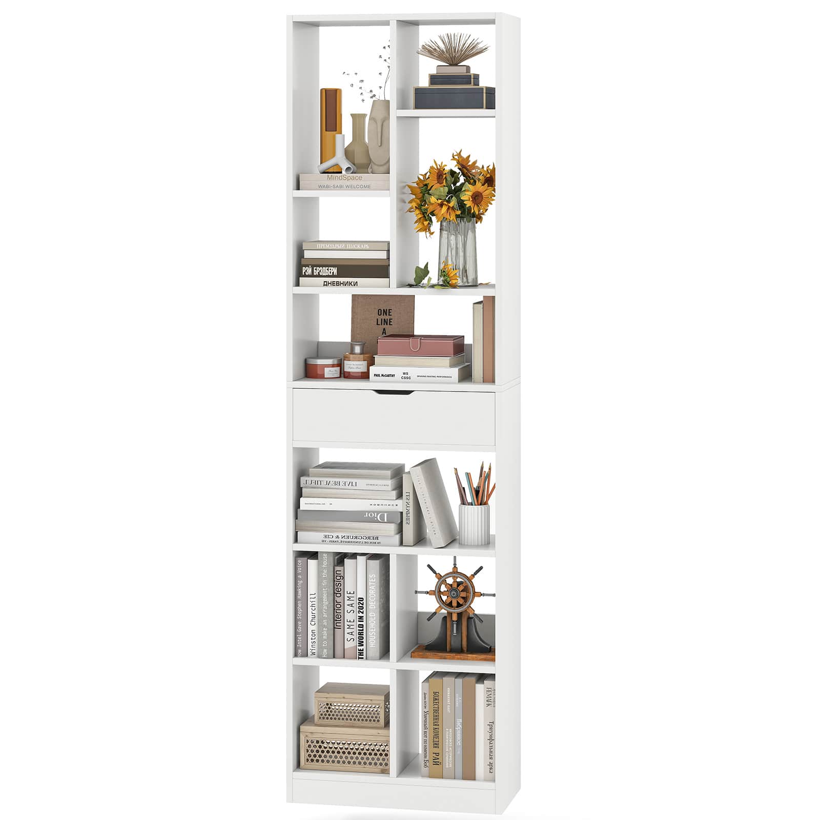Gymax - 71'' Tall Bookcase w/ Drawer Modern Bookshelf w/ 10 Open Cubes Display Rack - White