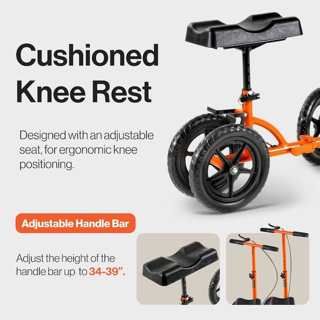 Cushioned Knee Rest  
Designed with an adjustable seat, for ergonomic knee positioning.  

Adjustable Handle Bar  
Adjust the height of the handle bar up to 34-39".