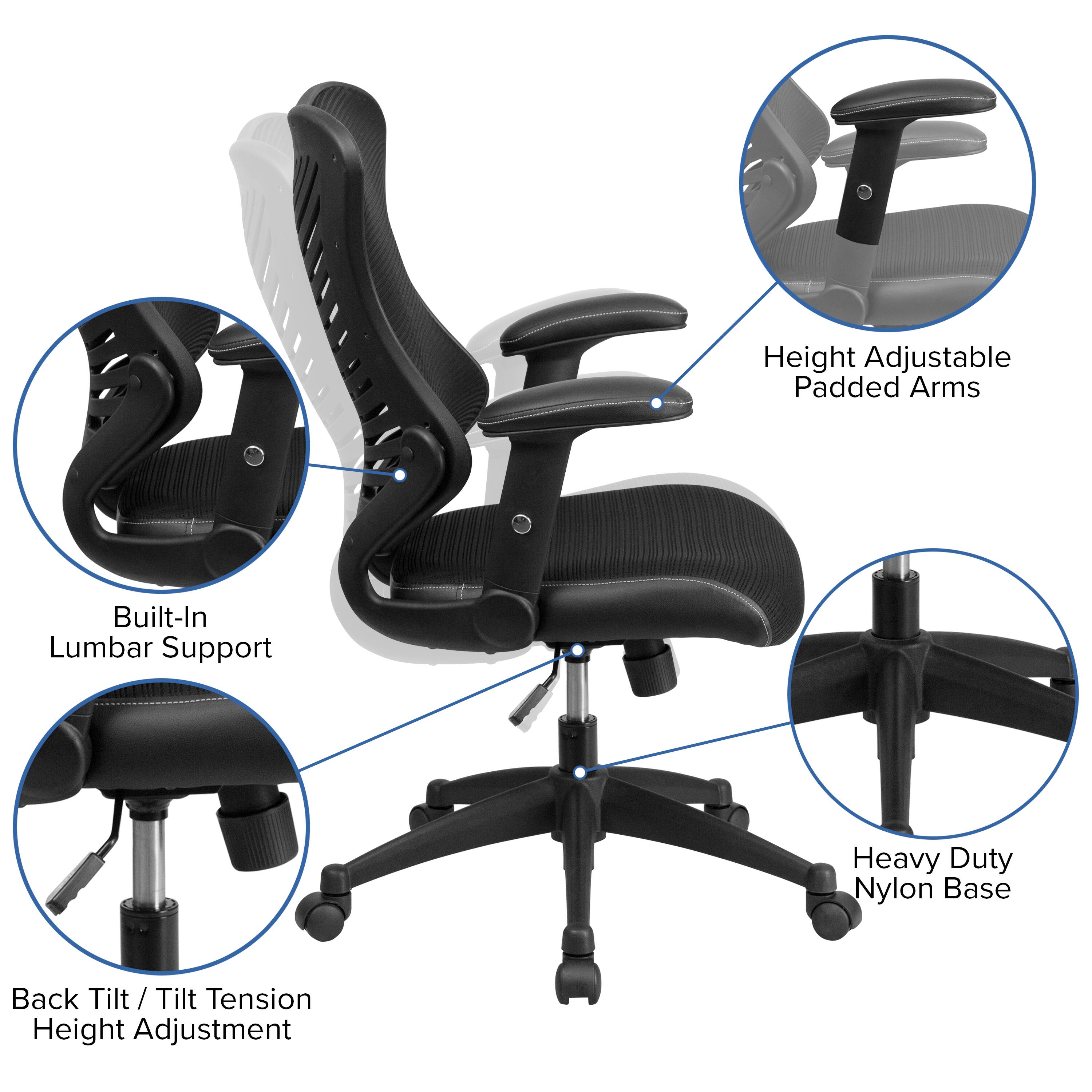 Height Adjustable Padded Arms  
Built-In Lumbar Support  
Heavy Duty Nylon Base  
Back Tilt / Tilt Tension Height Adjustment