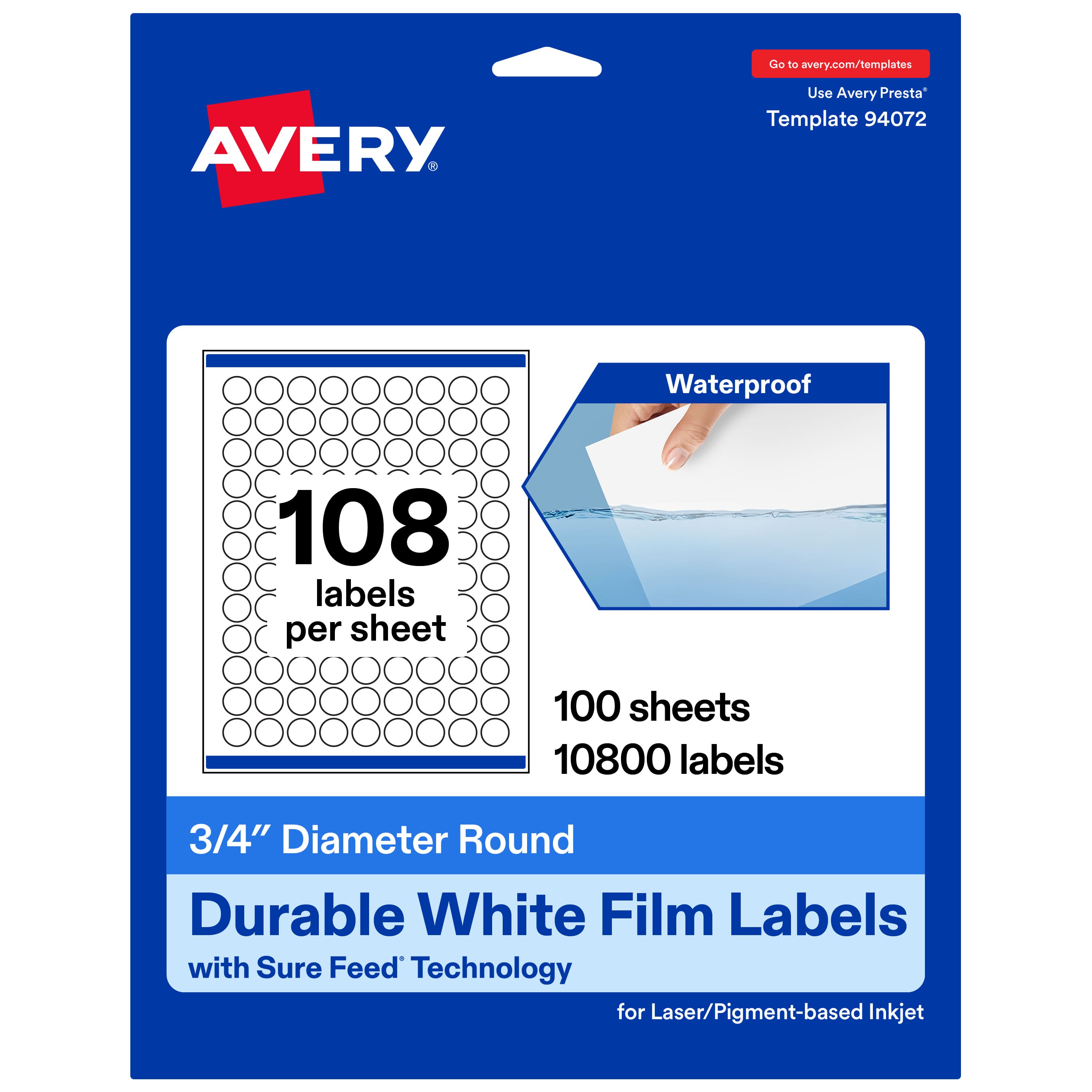 Avery - Avery® Durable Round Labels, 0.75" Diameter, 10800 Total - White