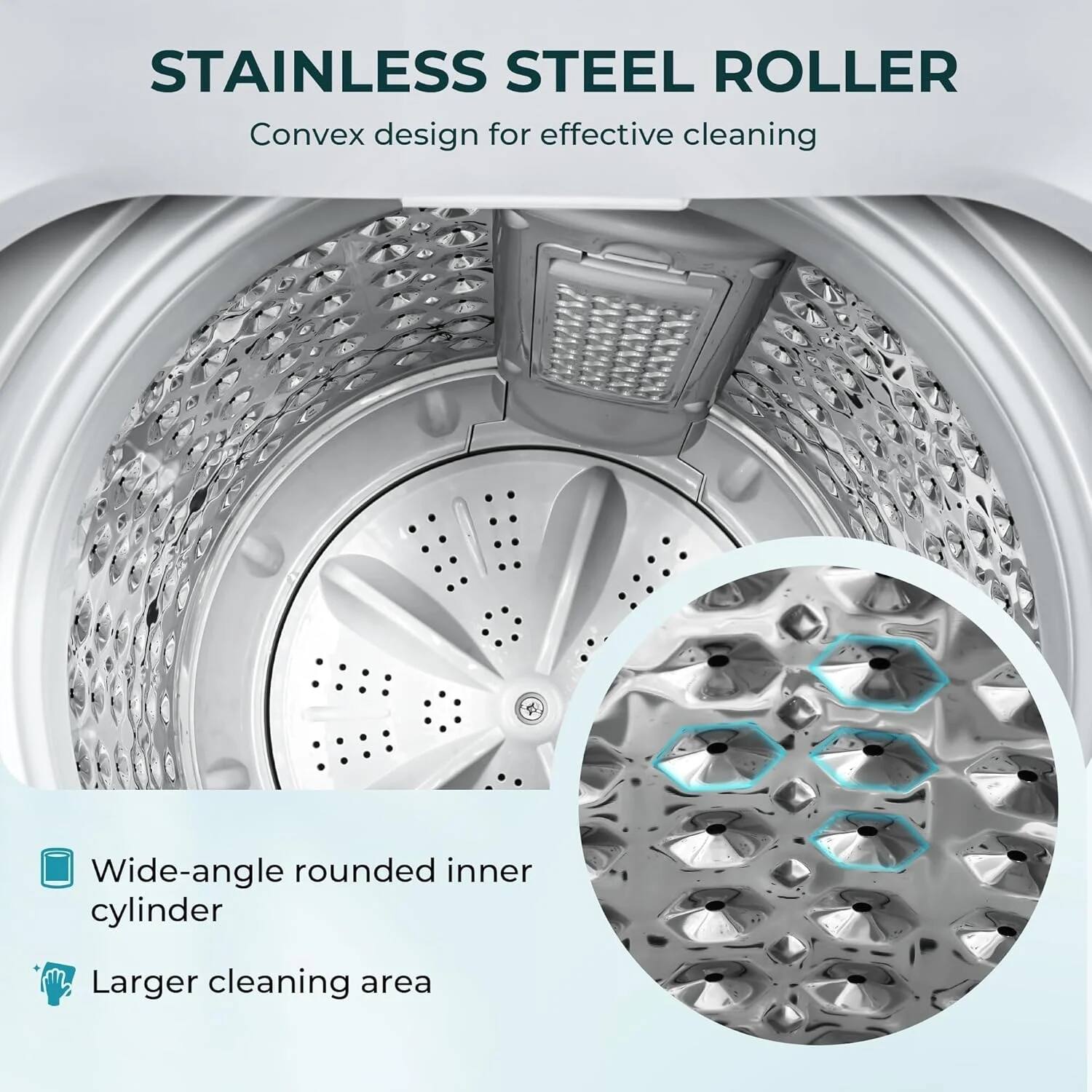 STAINLESS STEEL ROLLER
Convex design for effective cleaning
Wide-angle rounded inner cylinder
Larger cleaning area