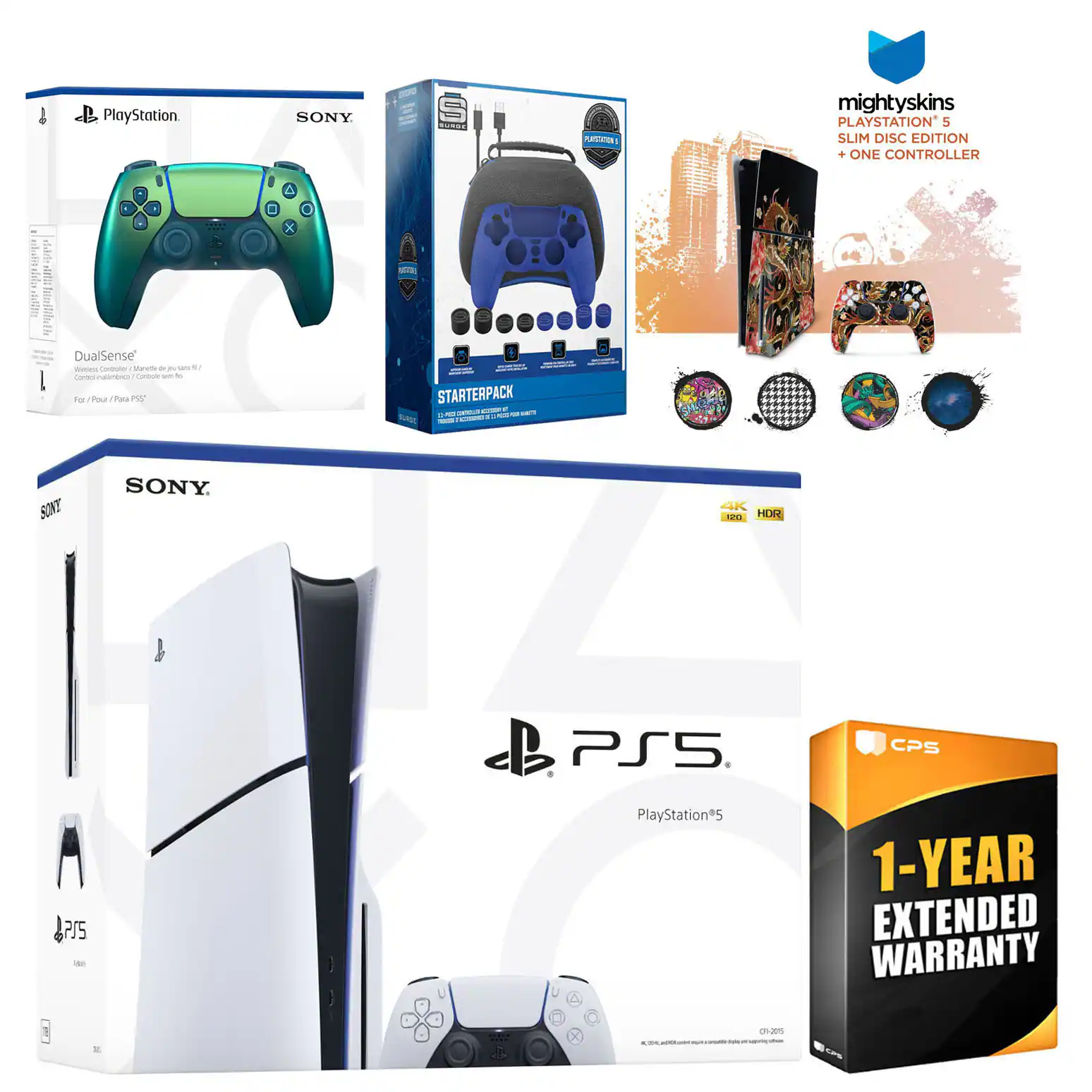 PlayStation SONY  
DualSense™  
Wireless Controller / Controlador inalámbrico / Wi-Fi Controller  
For / Pour / Para PS5  

STARTERPACK  

mightyskins  
PLAYSTATION®5 SLIM DISC EDITION + ONE CONTROLLER  

PlayStation®5  
4K 120  
HDR  

1-YEAR EXTENDED WARRANTY  

CPS