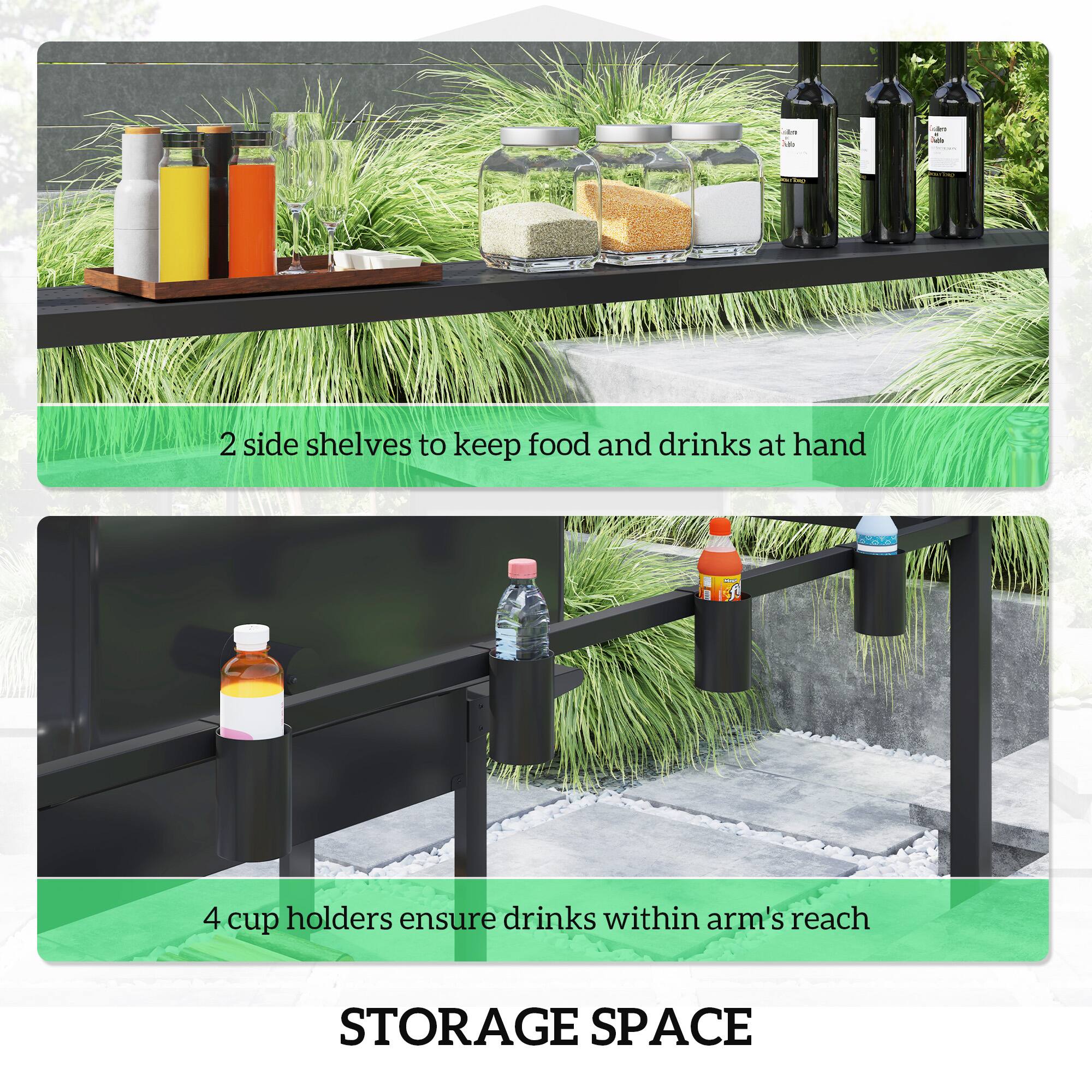 2 side shelves to keep food and drinks at hand, 4 cup holders ensure drinks within arm's reach, STORAGE SPACE