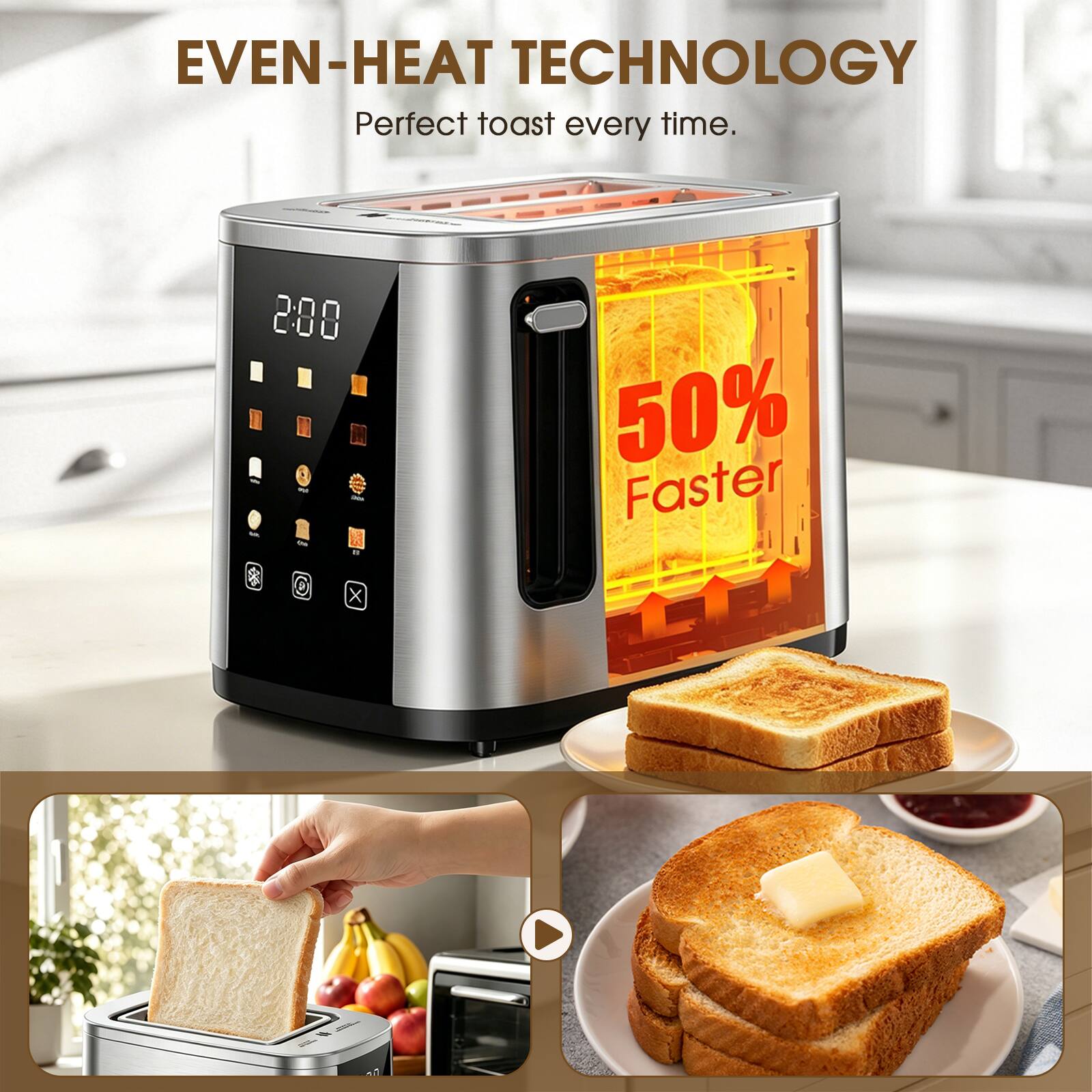 EVEN-HEAT TECHNOLOGY  
Perfect toast every time.  
50% Faster