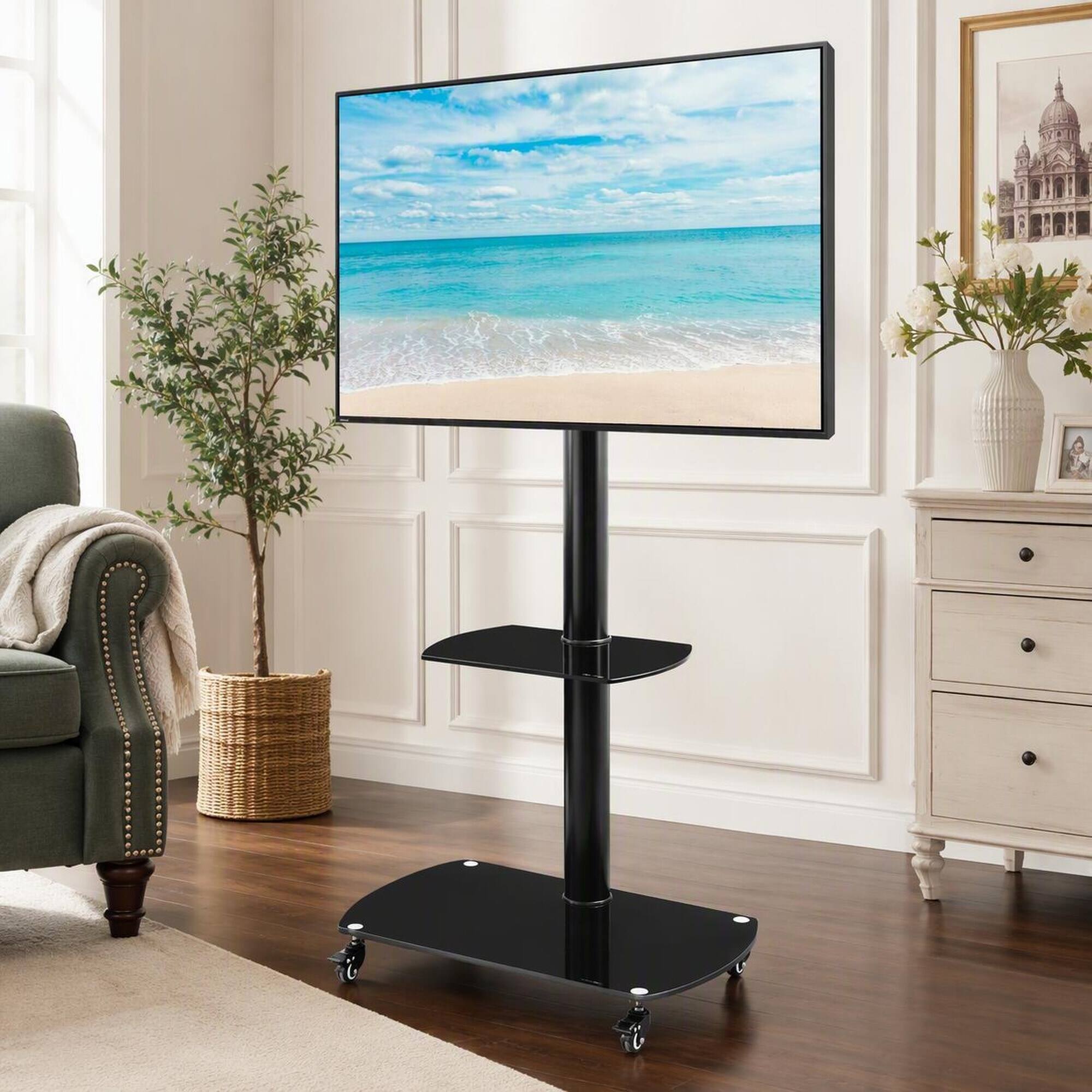 Left. RYHNUYNE - Multi-Function Adjustable TV Stand, Tempered Glass Metal Frame Cart With 2-Tier Shelves - Black.