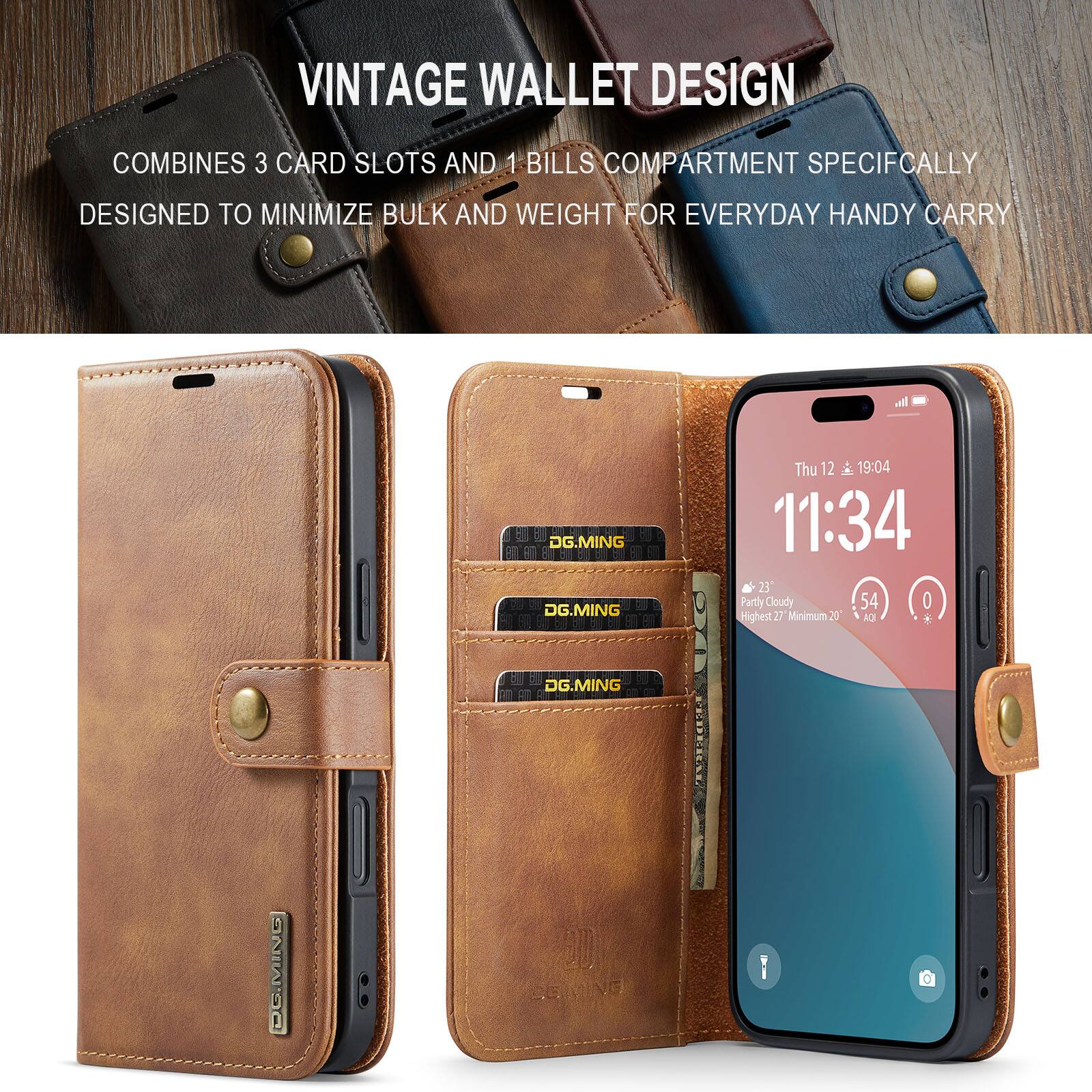 VINTAGE WALLET DESIGN  
COMBINES 3 CARD SLOTS AND 1 BILLS COMPARTMENT SPECIFICALLY DESIGNED TO MINIMIZE BULK AND WEIGHT FOR EVERYDAY HANDY CARRY