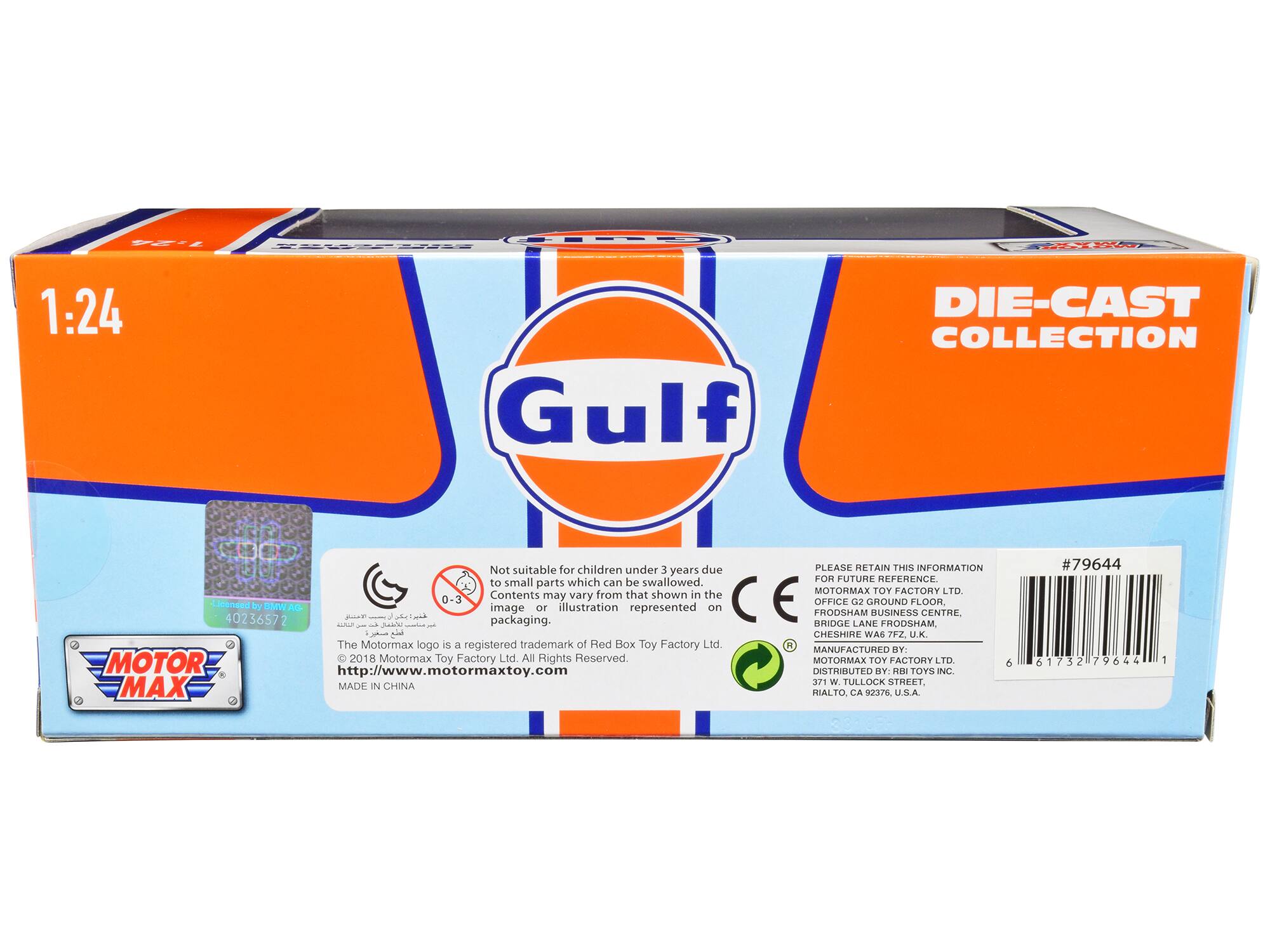 1:24 Gulf DIE-CAST COLLECTION  
Not suitable for children under 3 years due to small parts which can be swallowed.  
Contents may vary from that shown in the packaging.  
The Motormax logo is a registered trademark of Red Box Toy Factory Ltd.  
MOTORMAX TOY FACTORY LTD.  
All Rights Reserved.  
http://www.motormaxtoy.com  
MADE IN CHINA  

#79644  
6 61732 79644 1  

PLEASE RETAIN THIS INFORMATION  
FOR FUTURE REFERENCE.  
MOTORMAX TOY FACTORY LTD.  
G2 GROUND FLOOR,  
FRODSHAM BUSINESS CENTRE,  
FRODSHAM,  
CHESHIRE WA6 7FZ, U.K.  
MANUFACTURED BY:  
MOTORMAX TOY FACTORY LTD.  
DISTRIBUTED BY:  
RB TOYS INC.  
RIALTO, CA 92376, U.S.A.