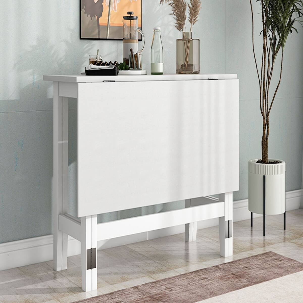 Angle. Loheer - Loheer White Farmhouse Dining Table, Extendable Drop Leaf Design for Small Spaces - White.