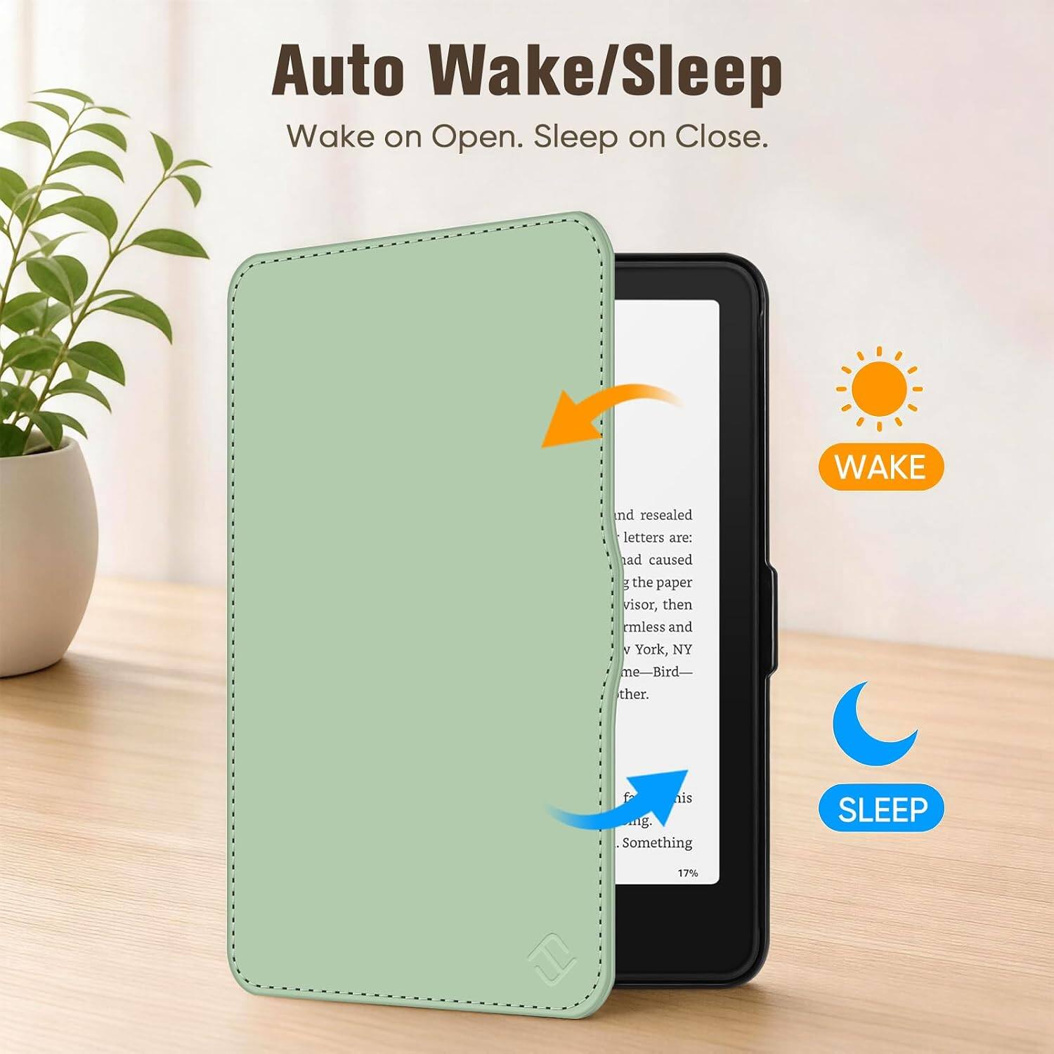 Auto Wake/Sleep  
Wake on Open. Sleep on Close.

WAKE

nd resealed letters are: ad caused g the paper visor, then rmless and / York, NY me-Bird- ther.  
is mg. Something

SLEEP  
17%