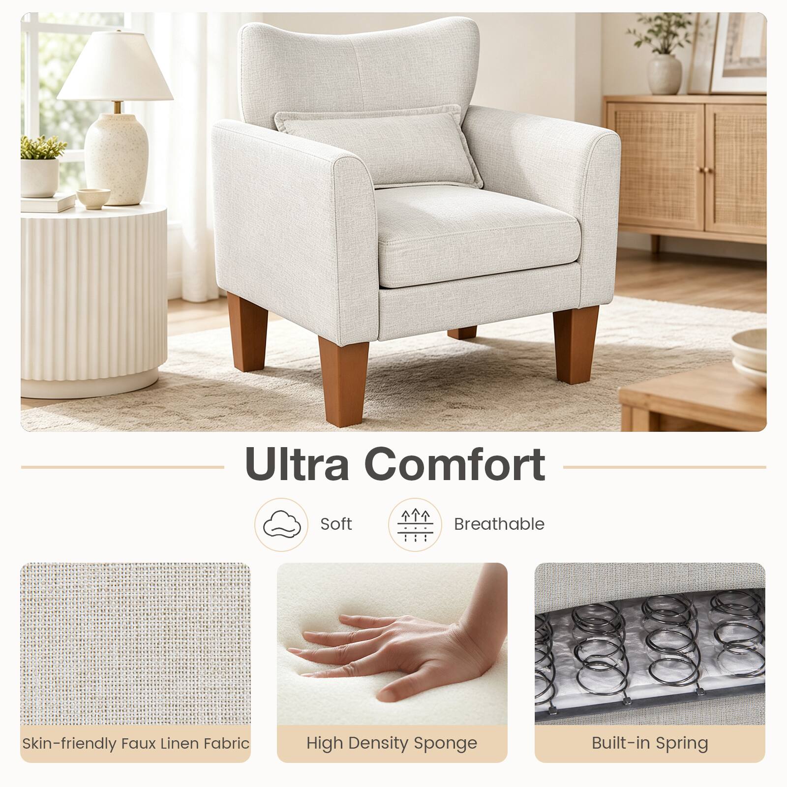 Ultra Comfort

Soft
Breathable

Skin-friendly Faux Linen Fabric
High Density Sponge
Built-in Spring