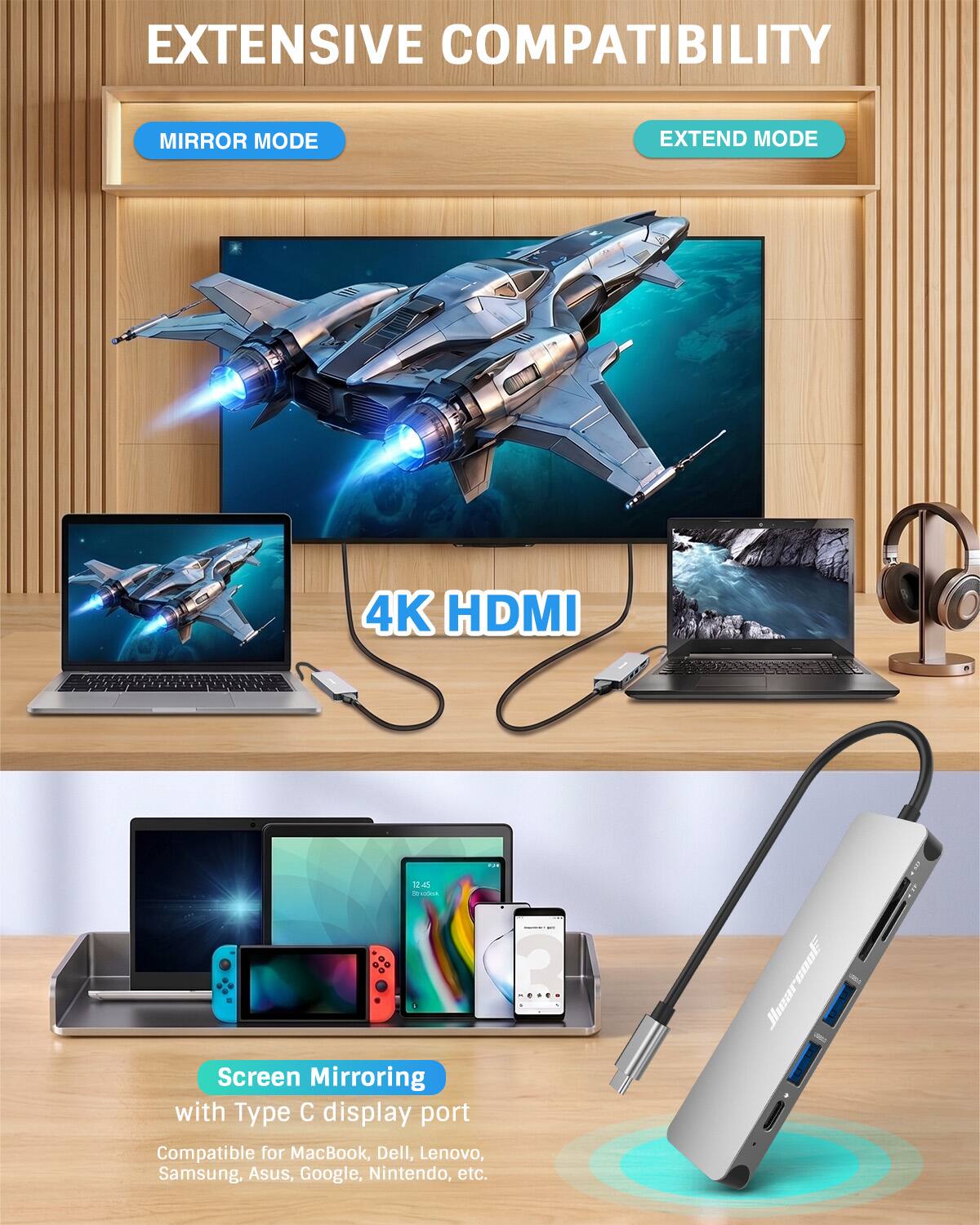 EXTENSIVE COMPATIBILITY

MIRROR MODE
EXTEND MODE
4K HDMI

Screen Mirroring with Type C display port
Compatible for MacBook, Dell, Lenovo, Samsung, Asus, Google, Nintendo, etc.