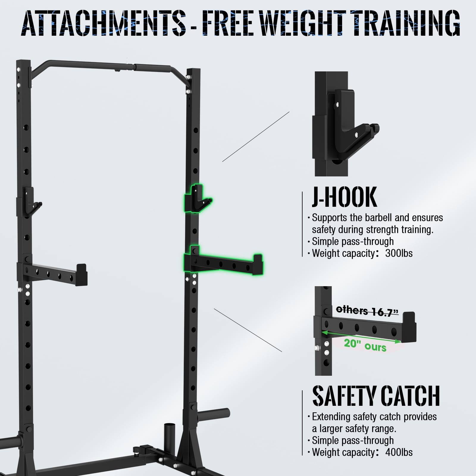 **ATTACHMENTS - FREE WEIGHT TRAINING**

**J-HOOK**
- Supports the barbell and ensures safety during strength training.
- Simple pass-through
- Weight capacity: 300lbs

**SAFETY CATCH**
- Extending safety catch provides a larger safety range.
- Simple pass-through
- Weight capacity: 400lbs

*others 16.7"*
*ours 20"*