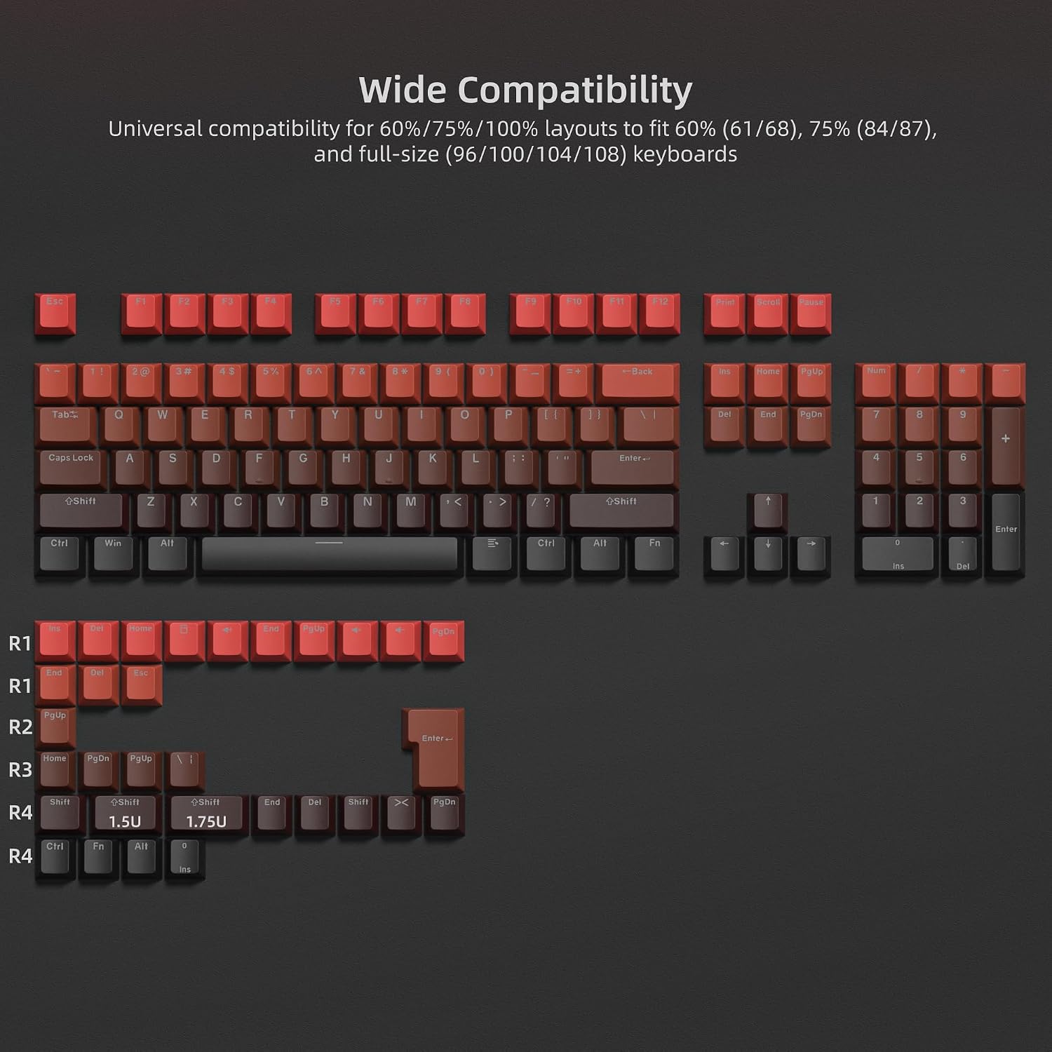 Wide Compatibility  
Universal compatibility for 60%/75%/100% layouts to fit 60% (61/68), 75% (84/87), and full-size (96/100/104/108) keyboards

F2  
F4  
F7  
F8  
F9  
F10  
F11  
F12  

Scroll  
2@  
3#  
4$  
5%  
6A  
78  
B+  
D)  
Back  
ins  
Home  
PgUp  
Tab:  
Q  
W  
E  
R  
T  
Y  
U  
|  
0  
P  
[ ]  
31  
/  
Del  
End  
P3On  
7  
8  

CapsLock  
A  
S  
D  
F  
G  
H  
J  
K  
L  
Enter  
4  
5  
5  
9Shift  
Z  
X  
C  
V  

N  
M  
<  
>  
2  
9Shift  
1  
1  
2  
3  
Chrl  
Win  
Alt  

Ctrl  
Alt  
Fn  
0  
Enter  
hs  
Del  
R1  
OH  
mo