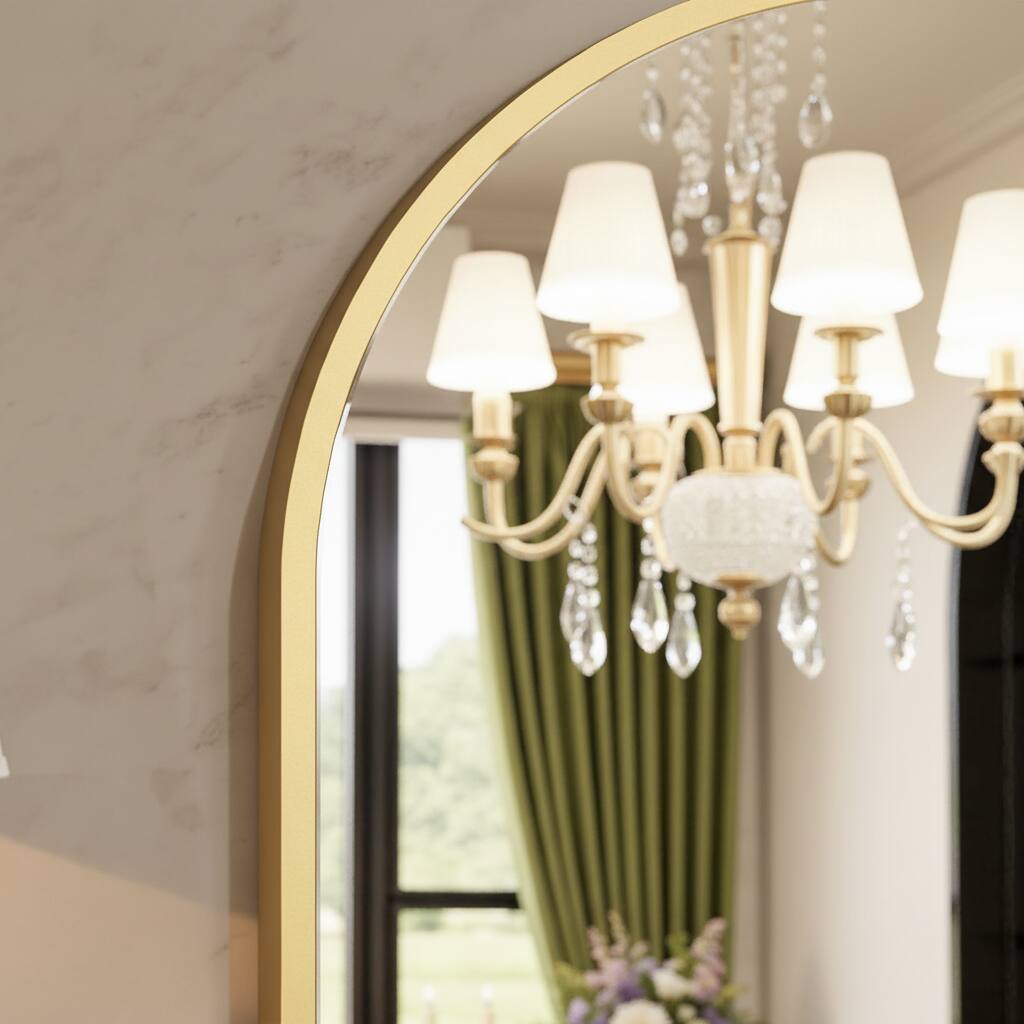 Left. AOITUN - Arched Gold Bathroom Mirror 20x30 for Home Office Decor, Ideal for Desks with Drawers for Daily Use.