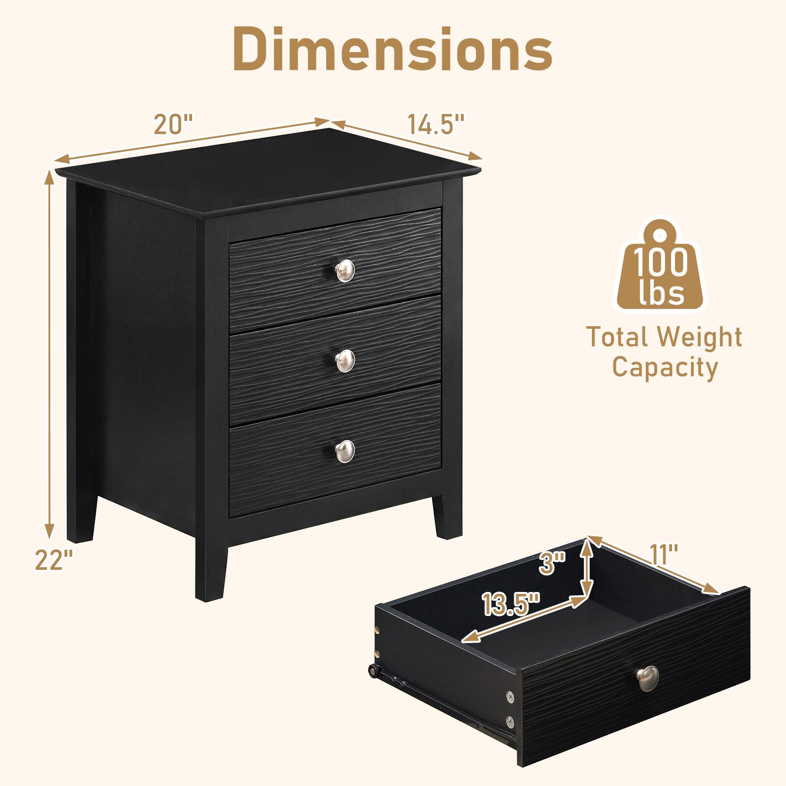 Dimensions: 20" x 14.5" x 22"  
Total Weight Capacity: 100 lbs  
Drawer Dimensions: 13.5" x 11" x 3"