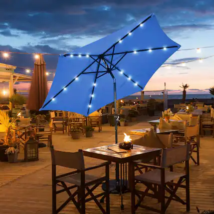 Front. Mondawe - 9 Feet Solar LED Lighted Patio Market Umbrella with Tilt Adjustment without Base - Blue.