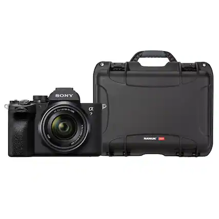 A Sony camera is sitting next to a black Nanuk case. The camera is a 3.5-5.6/20-70 lens, while the case is designed for water protection.